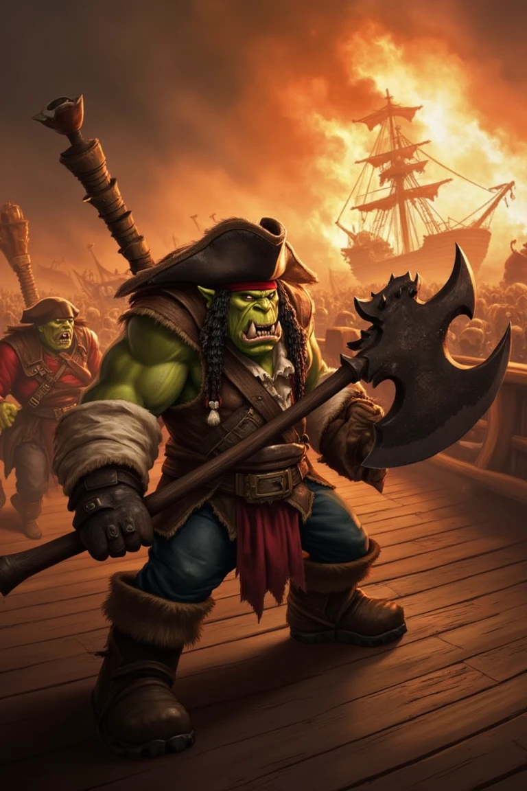 An orc as a pirate, wearing a pirate costume and holding a massive axe, stands ready for a fight on a pirate ship deck that is on fire. The battle is in full swing, with flames and smoke adding to the chaos. The shot is framed to capture the orc’s fierce expression and powerful stance, emphasizing his readiness for combat. The background shows other pirates and sailors engaged in the fray, with the burning ship creating a dramatic, high-contrast scene. The composition highlights the orc’s determination and the intensity of the battle.