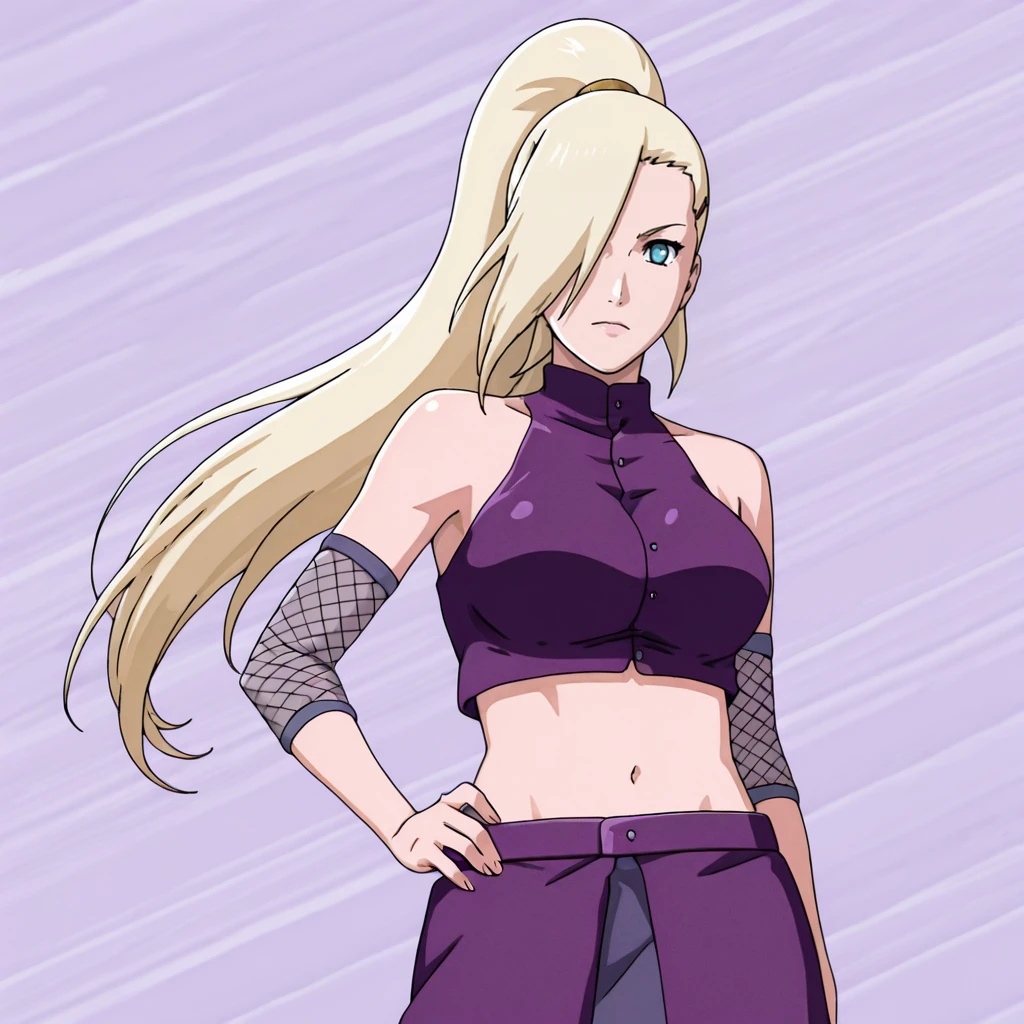 <lora:Ino_illustrious_v1:1> InoShipuuden, 1girl, solo, blonde hair, high ponytail, hair over one eye, midriff, navel, purple skirt, fishnets, crop top, breasts, blue eyes, bare shoulders, cowboy shot