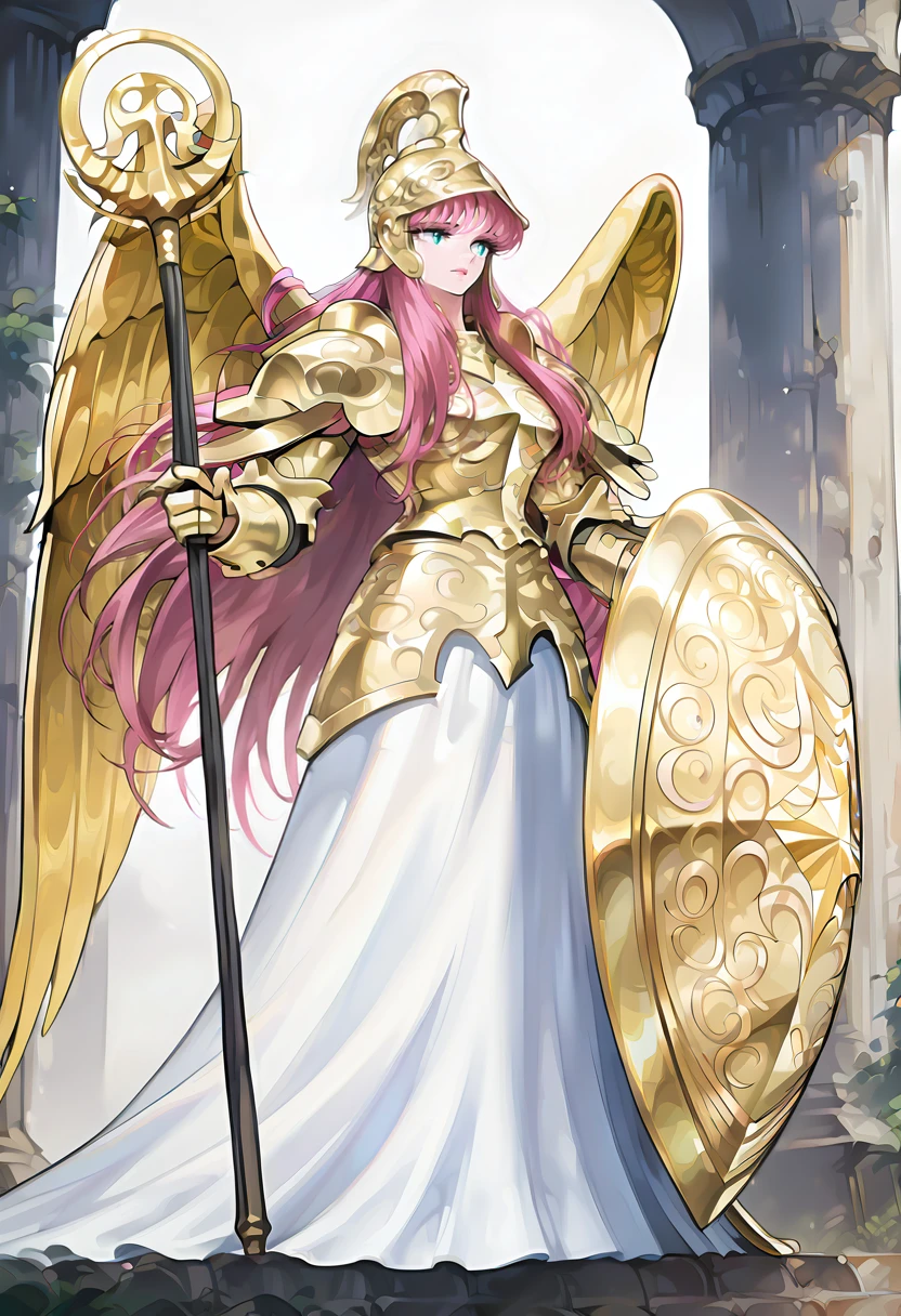 <lora:unicornOLIL:1>
<lora:Saori_Kido_LCD_v02_ill:1>athenakido,gold armor,breastplate,helmet,shield,wings,holding staff,tachi-e,full body,greek,pillar,very awa,masterpiece,best quality,amazing quality,very aesthetic,absurdres,newest,