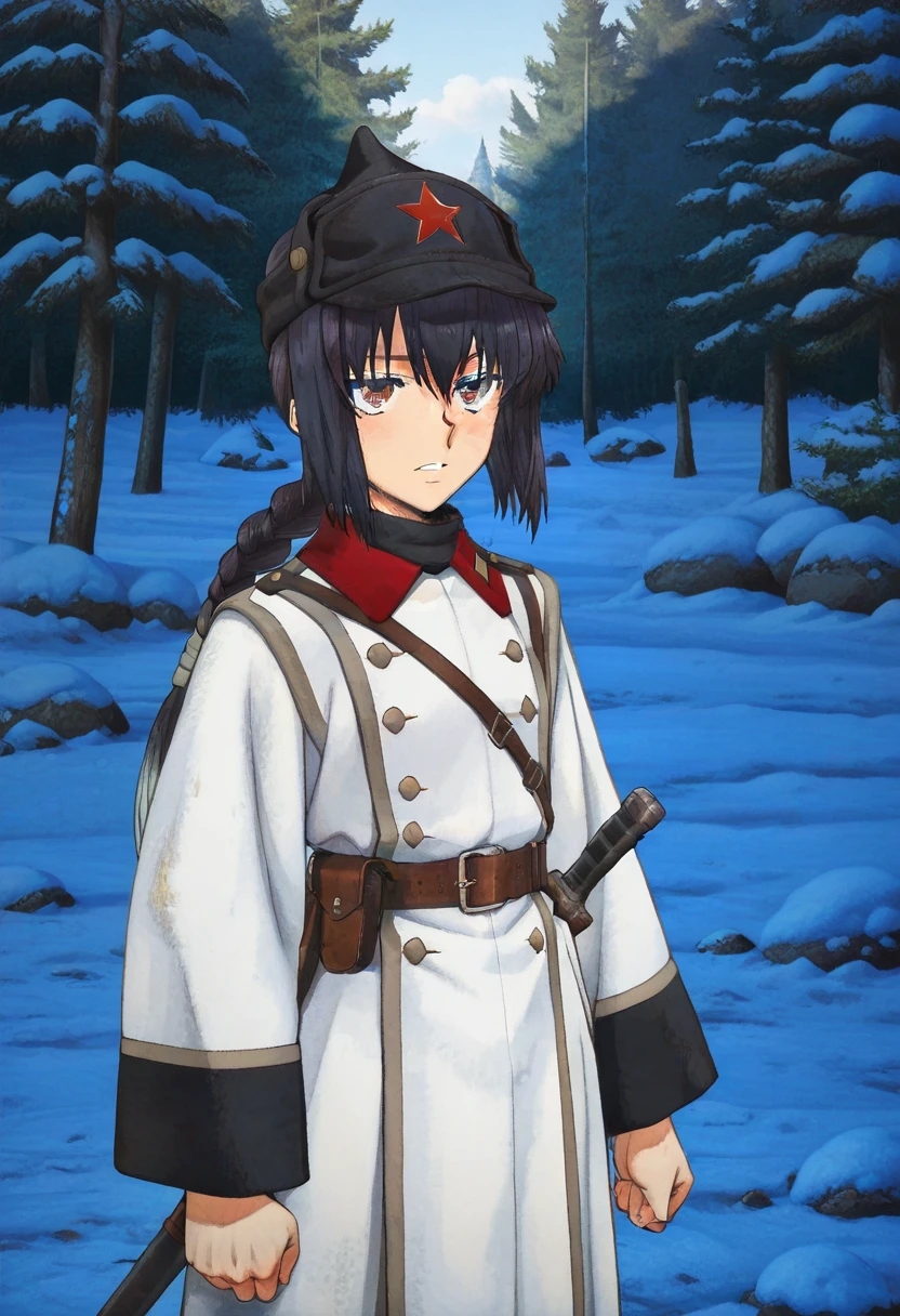 masterpiece, best quality, absurdres, detailed skin, detailed face, detailed eyes, anime colored, anime screencap, anime colored,
<lora:Yamato_Takeru:1>, yamato takeru, 1 boy, single braid, solo,
<lora:Soviet_Red_Army-1918:0.8>, red army uniform, white coat, cowboy shot, hat, belt, sheath, soviet,
outdoors, plain, tree, snow, winter,