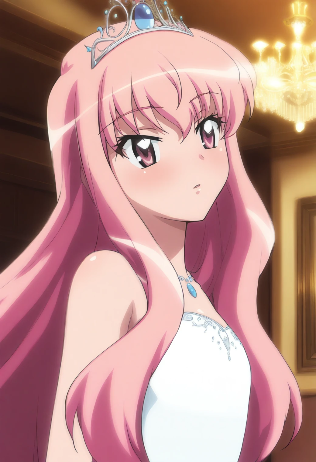<lora:Louise Francoise - [The Familiar of Zero] - illustriousXL v1:1>, sysdeep_louise, pink hair, pink eyes, anime coloring, flat chest, 1girl, solo, royal ballroom, chandelier reflections, jeweled tiara, slow twirl, warm atmosphere