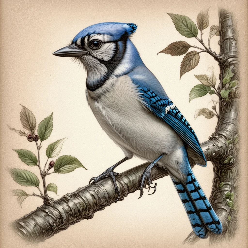 A bluejay on a branch. 

vntgdrwngCE_style