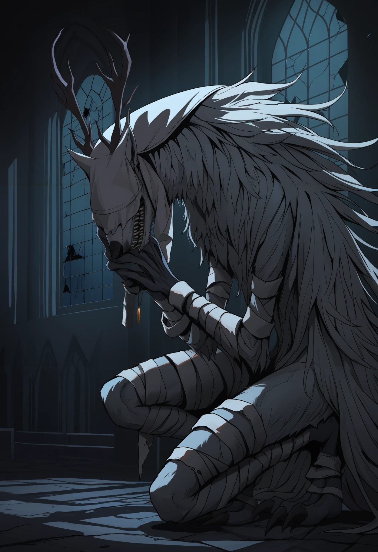 masterpiece, best quality, newest, hdr, dark, night, indoors, church, broken window, alter, closed mouth, solo, 1ma1v0r, amulet, antlers, white bandages, bandaged arm, bandaged leg, claws, digitigrade, monster, sharp teeth, fangs, snout, white veil over eyes, covered eyes, werewolf, white fur, white hair, long hair, no humans,
holding amulet, own hands together, praying
<lora:Vicar Amelia:1>
