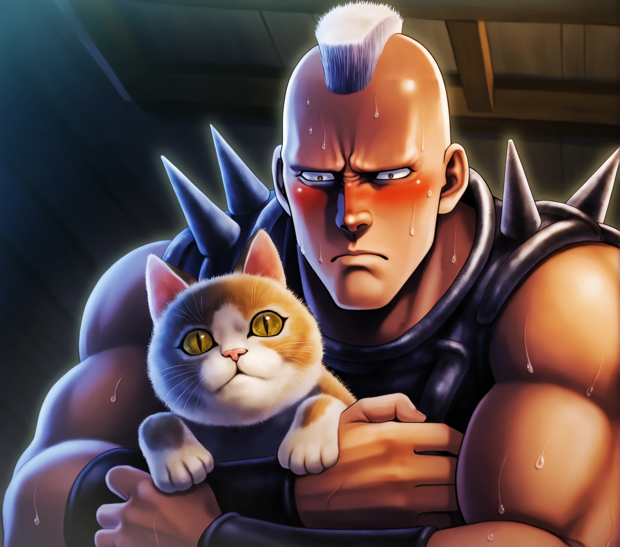 1boy,hokuto no ken,bald,mohawk,spiked shoulder armor,muscular,indoors,hug cat,night,intense eyes,brown eyes,hands up,no eyebrows,sad,Constricted pupils,sweat,upper body,blush,amazing quality, very aesthetic, absurdres, masterpiece, newest