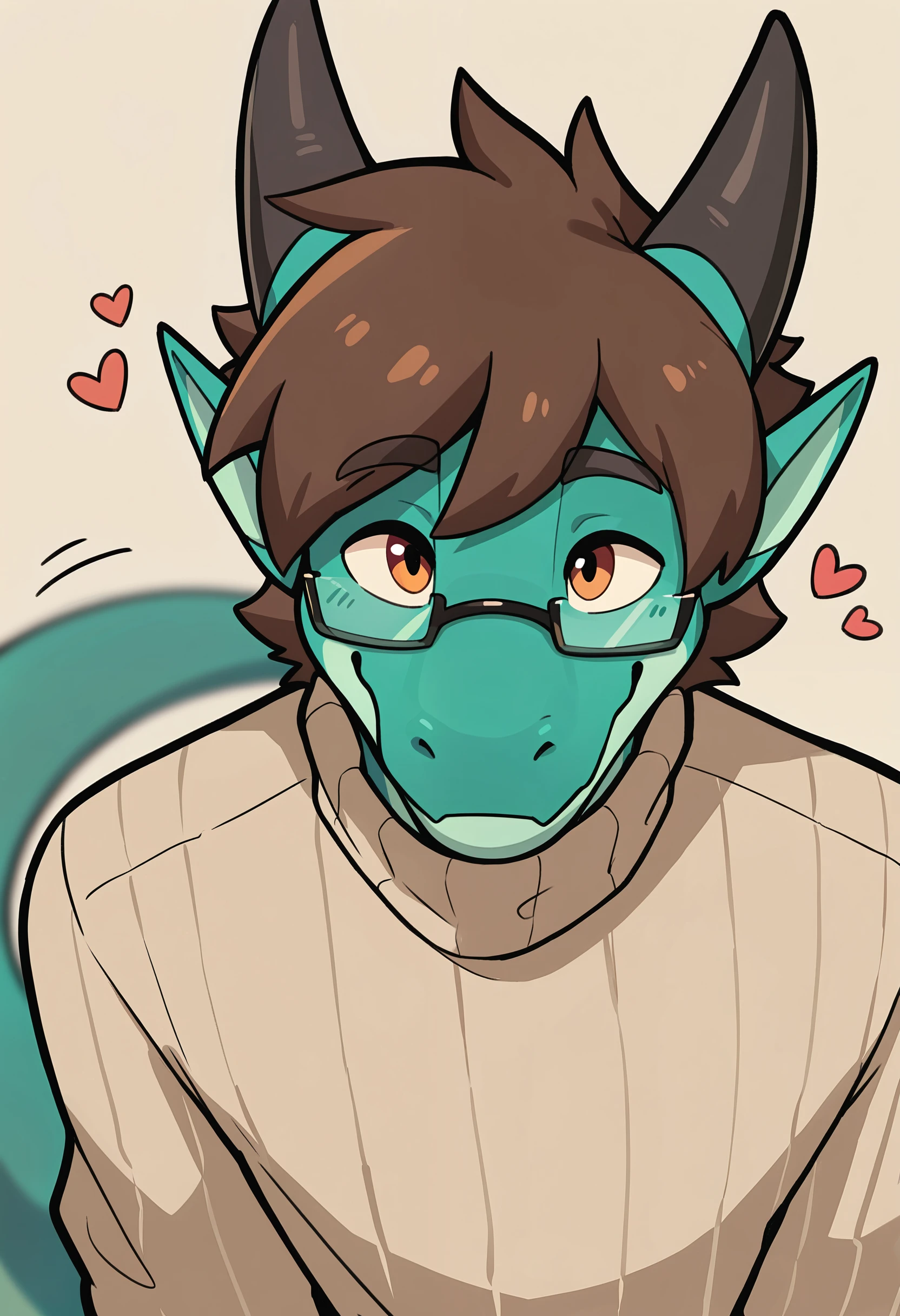 depth of field, detailed background, eye reflections, reflections, dutch angle, anthro, adult, furry, no humans, tail, sound effect, flirty expression, seductive glance, sound effect, motion lines, by gr3yyy, <lora:Greyyy_Artist_Style_Illustrious:1.0>, masterpiece, best quality, amazing quality, very aesthetic, absurdres, newest, 1boy, horns, solo, male focus, glasses, smile, furry male, sweater, furry, simple background, dragon boy, upper body, short hair, pointy ears, dragon horns, colored skin, green skin, brown sweater, brown hair