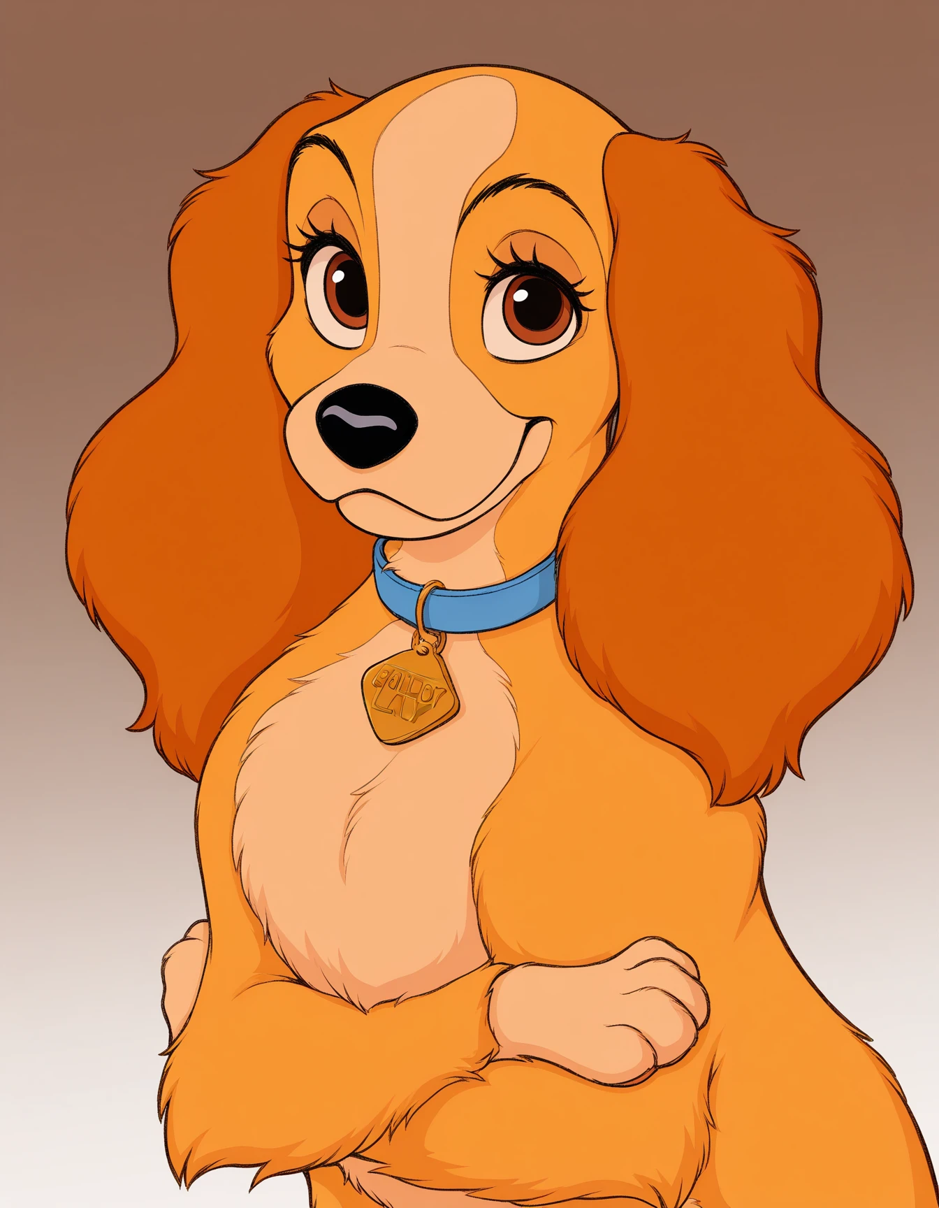masterpiece, best quality, amazing quality, very aesthetic, high resolution, solo, disney, feral
Lady, spaniel, blue collar, golden tag, golden fur, brown eyes, gradient background, crossed arms, looking at viewer, portrait
<lora:Lady_il:0.9>