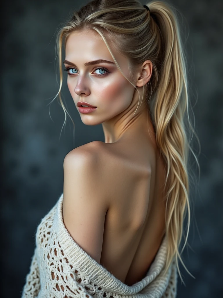 (S4r4h, woman, Scandinavian, skinny, blonde hair, Nordic style hair, blue eyes, detailed eyes): 
A stunning  female form, 185cms tall and completely , a beautiful female model, a beautiful young woman stands with her back to the camera, her eyes closed and her head tilted slightly to the side. Her hair is pulled back in a ponytail, and she is  with a light-colored sweater draped over her shoulders. The sweater has a netted design on the front, adding a touch of warmth to the scene. The backdrop is blurred, creating a stark contrast to the woman's body, realistic.