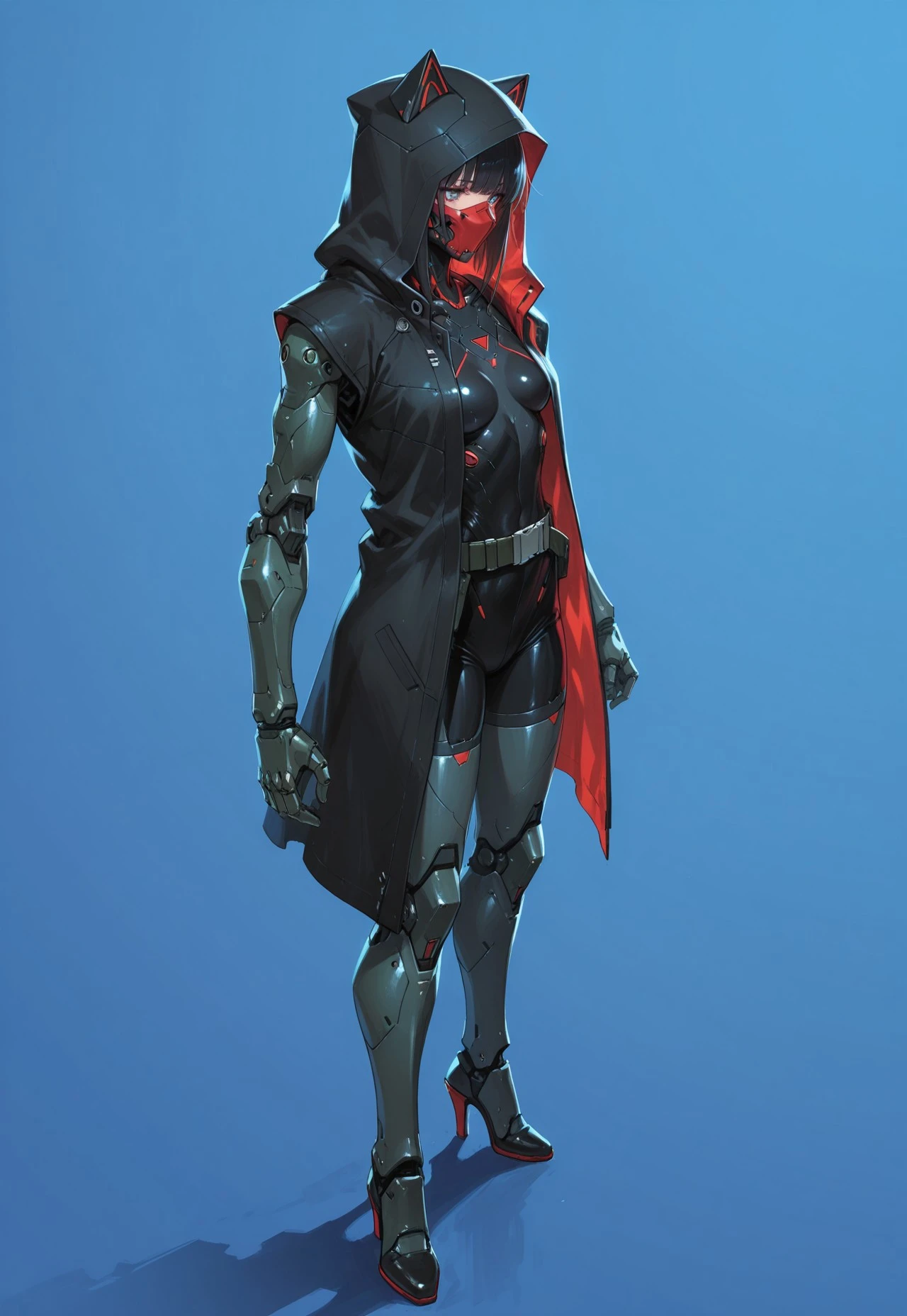 appearence a 13 years old teenage girl,red eyes,albino,calm,quiet,cute,pretty,full body,looking ahead,short hair combed back,red outfit,black short,tied hair,spider verse suit,serious look,cyberpunk background