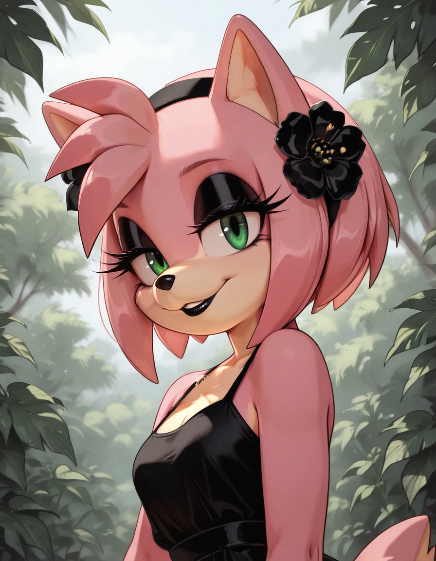 masterpiece, best quality,
outdoors, 
upper body,seductive smile,parted lips,long eyelashes,
black sundress, 
 <lora:AmyBlackRose_v03_ILXL:1>,
AmyBlackRose,1girl,furry female,solo,short hair,pink hair,animal ears,hairband,bangs,hair ornament,hair flower,black hairband,sidelocks,green eyes,makeup,long eyelashes,black lipstick,animal nose,body fur,pink fur,