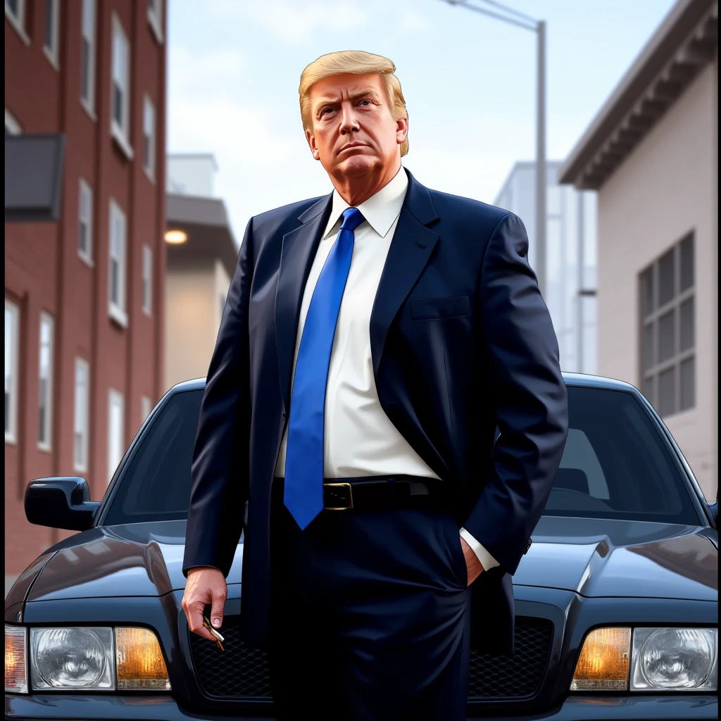 UHD, 4k, ultra detailed, cinematic, a photograph of <lora:drawing gta style v2:0.8>
donald trump Digital drawing art style a man in a suit and tie standing in front of a car, perfect image, sharp image, detailed image, vivid color style, bright tone, high color constrat, high saturation, high quality image style, 80's style, 90's style, cinematic art style, grand theft auto art style, solo, blonde hair, shirt, jacket, white shirt, outdoors, necktie, collared shirt, belt, pants, black pants, formal, suit, ground vehicle, motor vehicle, hand in pocket, car, manly, building, long sleeves, holding, closed mouth, standing, cowboy shot, black jacket, cigarette, blue necktie, short hair, black necktie, shirt tucked in, facial hair, open clothes, open jacket, lamppost, epic, beautiful lighting, inpsiring
