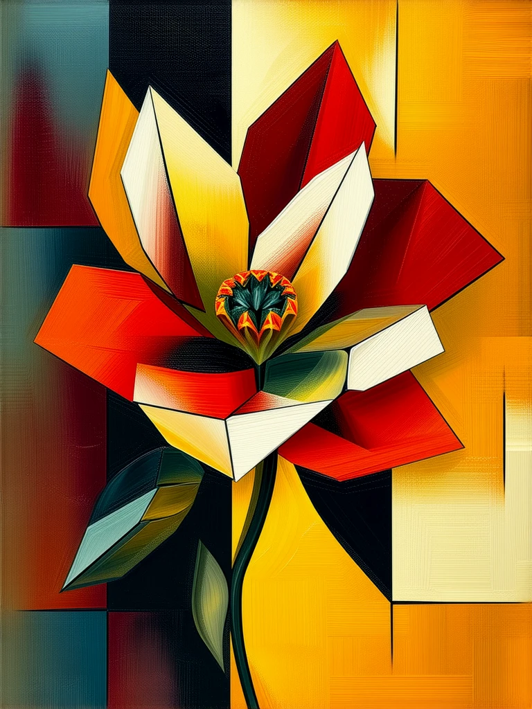 An original abstract painting. Geometric shapes. Advanced artform. Rustic. An abstract flower blooming with angular dimensions.
Oil painting.
gmtrcCE_style