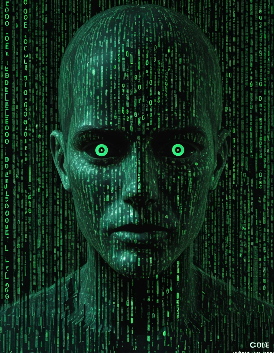 detailed, mmatrix-style, silhouette, code, text focus, glitch, digital dissolve, 1boy
