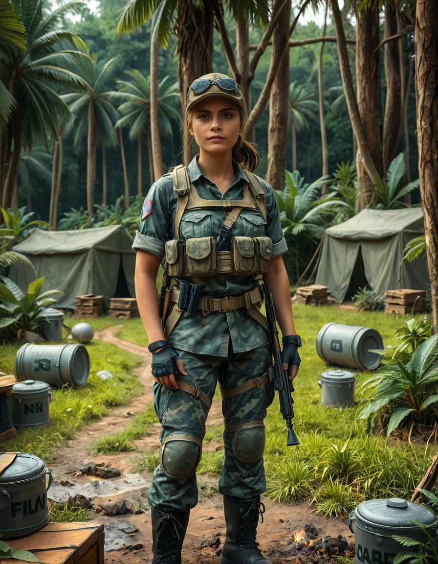 A high-resolution photograph of a battle-hardened female soldier standing tall in the middle of a rugged mercenary camp at dusk. She wears a tactical vest over a fitted combat shirt, with camouflage pants and sturdy military boots covered in dust. Her face is partially shadowed by a worn-out boonie hat, and her piercing eyes reflect determination and experience. A scar runs along her cheek, hinting at past battles.
Behind her, the mercenary camp is alive with activity ,The atmosphere is tense, with smoke rising from a small firepit where a kettle boils. The jungle looms in the background, dense and shadowy, adding to the clandestine and dangerous feel of the scene. The image is ultra-detailed, with cinematic lighting and a gritty, high-contrast color palette that enhances the realism and intensity of the environment.
<lora:SDXLFaeTastic2400:0.4> <lora:extremely_detailed:0.4> extremely detailed, <lora:mercenary_c4mp:1>,mercenary c4mp, Masterpiece,best quality,hi res,8k,hi res,8k,award winning,(sharp focus, intricate, highly detailed),