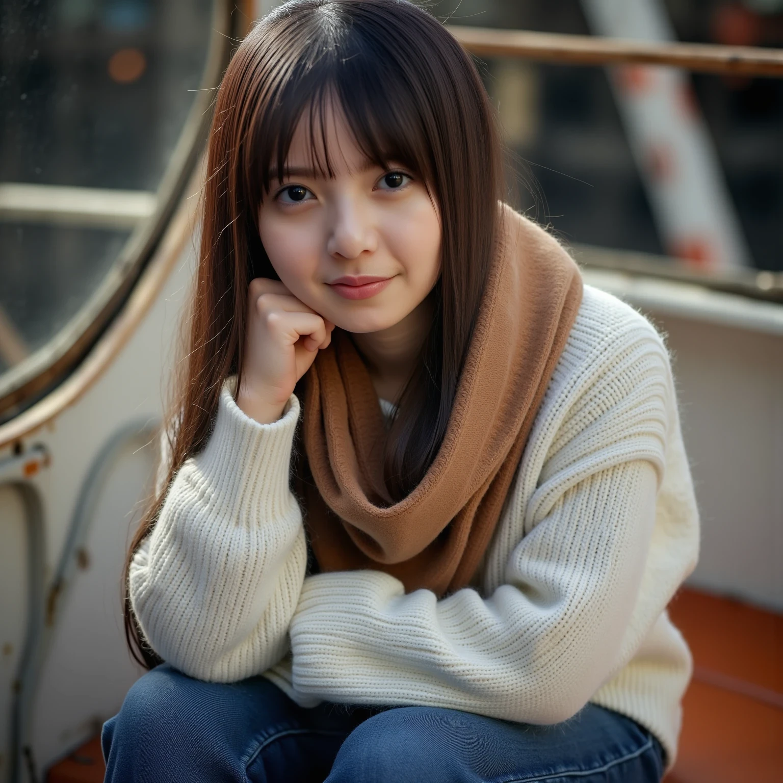 asuka. This image is a highly detailed portrait photograph that closely focuses on the upper body of a young woman. She is sitting inside a Ferris wheel, with a night view visible outside. She is wearing a white sweater, a brown scarf around her neck, and tight jeans. Her hair is long, extending below her shoulders, with bangs covering her forehead. Her eyes are brown. She gazes directly at the camera (here) with a warm expression. The overall atmosphere is calm. The lighting is natural and soft, with warm tones.