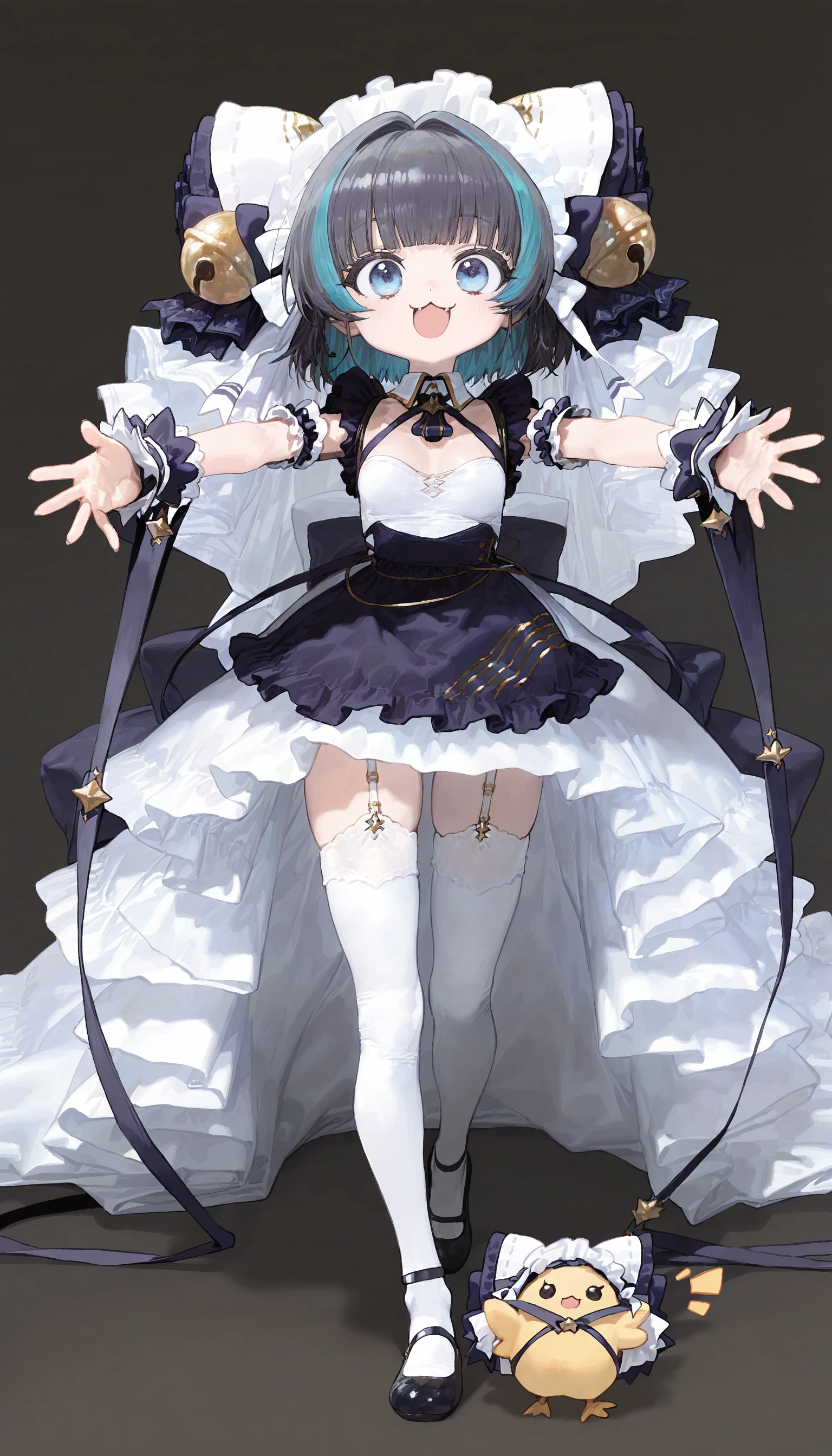 1girl, short black hair, blue eyes, empty background, absurdres, high res, ultrasharp, 8K, masterpiece, looking at viewer, gigantic tits, black and white lolita outfit, standing, almost naked, smiling, blushing, front facing, front view, facing forward, camera straight, white background, not angled
