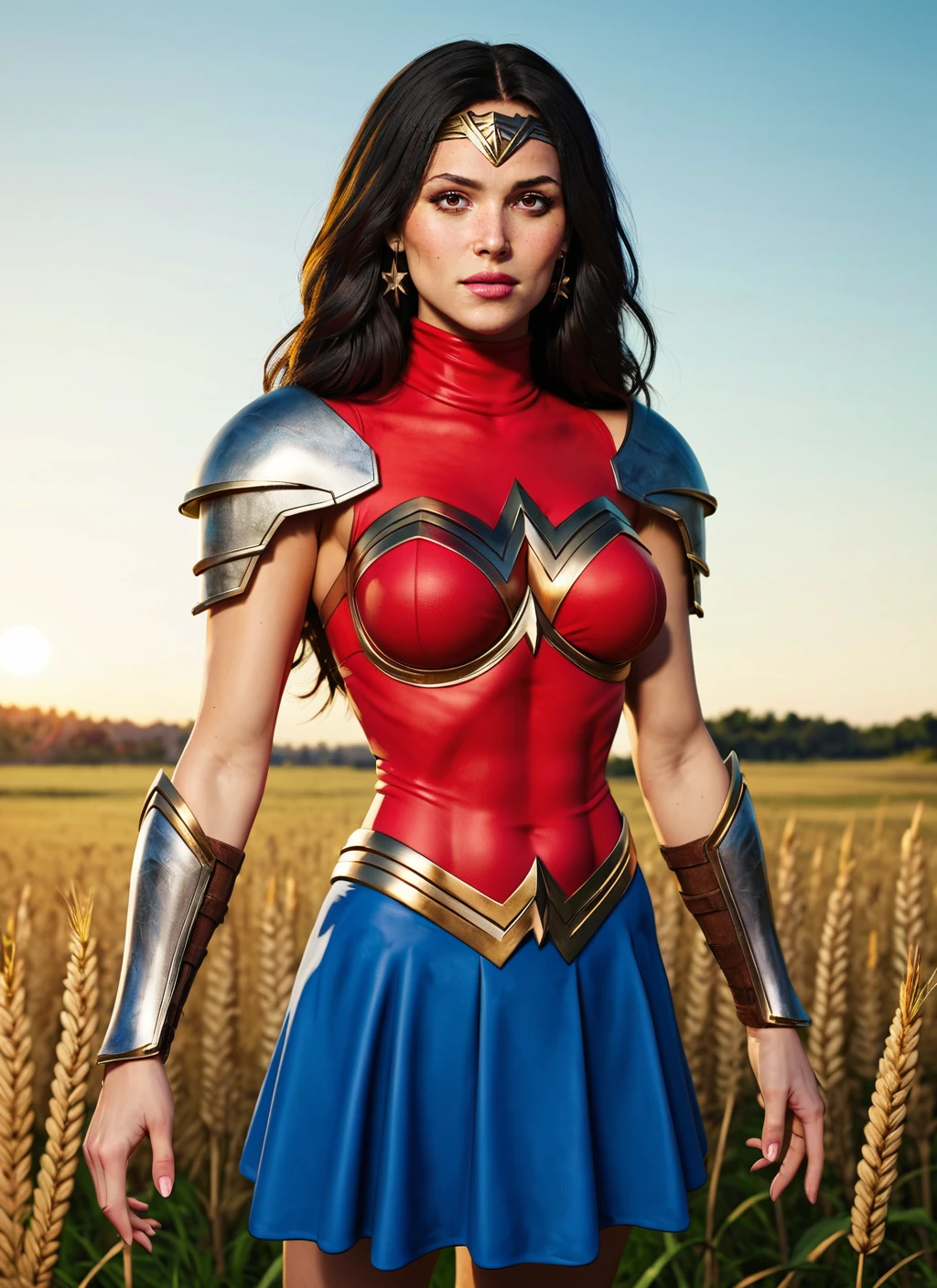 score_9, score_8_up, score_7_up, score_6_up, source_anime, anime 2d, 1girl, solo, sultry look, uncensored, long hair, athletic body, wheat field, wonder woman, shoulder pads, armor, leg armor, gauntlets, metal headband, armored dress, (high collar), blue skirt,
beautiful girl, brown eyes, black hair, <lora:AArjona-Pony:0.8> aarjona,