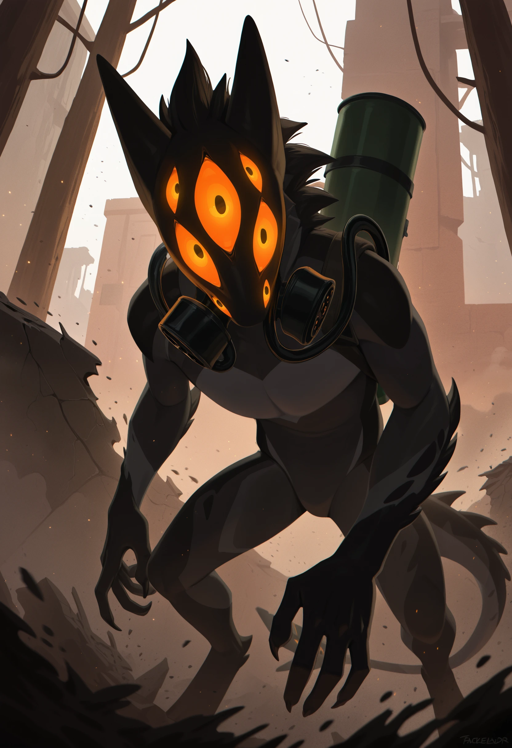 photorealism, photorealistic, chromatic aberration, depth of field, detailed background, eye reflections, reflections, detailed body, dutch angle, male, solo, 1boy, adult, male focus, tail, male focus, looking at viewer, j3rry_cos, extra eyes, (anthro, furry:1.15), no humans, solo, glowing eyes, (close up, radiation, ashes, dust, worried, wastelands, zombie apocalypse, chemical protection, gas mask, oxygen tank, infection, particles, broken cars, devastation, destruction, withered plants:1.05), standing, front vire, masterpiece, best quality, amazing quality, very aesthetic, absurdres, newest, (artist:syuro:0.8), (artist:nomax:0.5), (artist:honovy:0.6), (artist:kenket:0.6), (artist:taran fiddler:0.6), <lora:Jerry_Creatures_Of_Sonaria_Illustrious:1.0>,