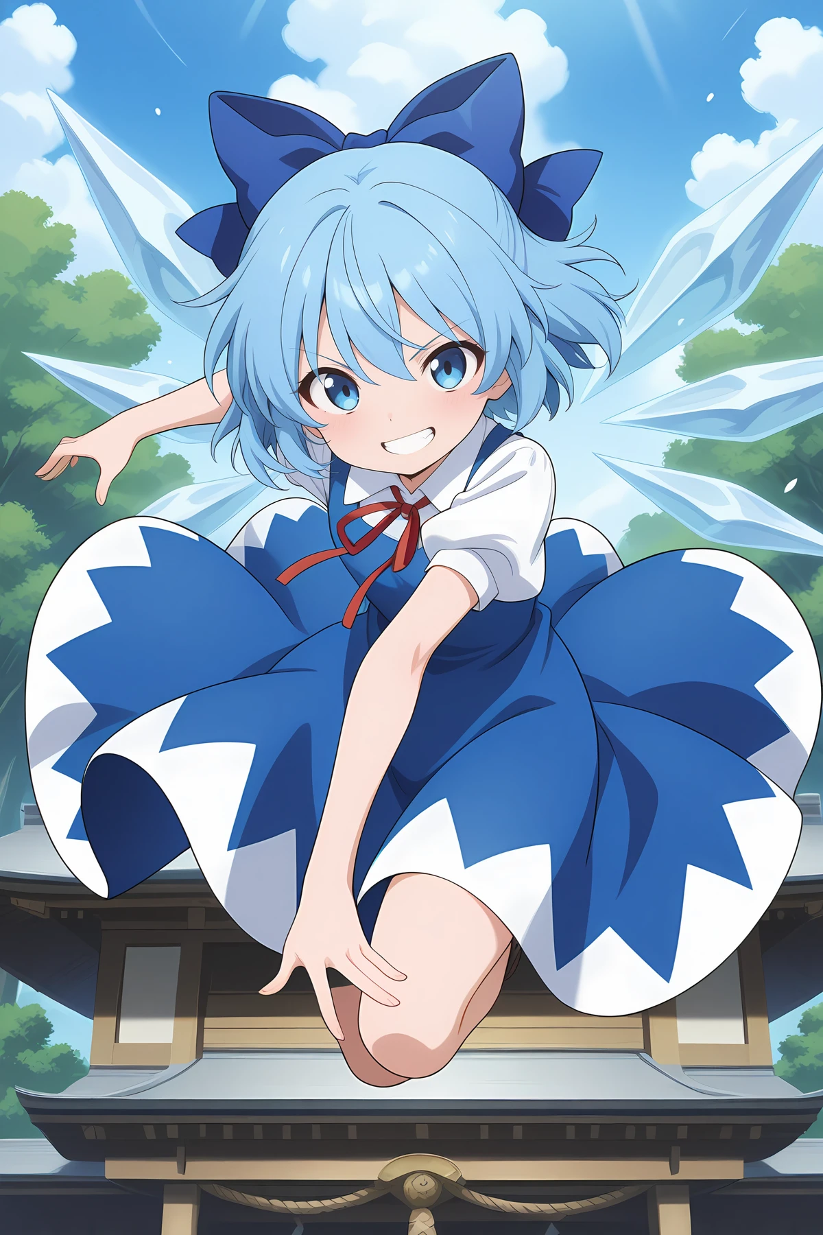 absurdres, highres, masterpiece, best quality, amazing quality, official anime artwork, screencap, anime screencap, outdoors, looking at viewer, grin, midair, dynamic pose, fighting stance, flying, ice danmaku, shrine,
<lora:Cirno_Illustrious:1> cirno, 1girl, solo, blue eyes, blue hair, short hair, ice wings, ice,, bow, hair bow, dress, blue dress, short sleeves, blue bow, puffy sleeves, red ribbon,