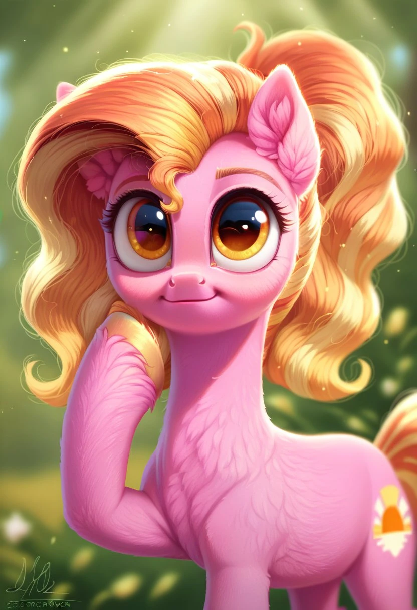 , score_9, score_8_up, score_7_up, score_6_up, score_5_up, score_4_up, rating_safe, earth pony, <lora:Luster_Dawn:1>Luster Dawn,pony light pink body, mane and tail long, flowing mane and tail that are a mix of light yellow and orange, with stripes, mane styled into a high ponytail, golden yellow eyes, on the side there is a small, simple cutie mark that depicts a stylized sun ((cute, little, fuzzy pony, fur)), (high quality, detailed, beautiful), shiny, adorable face, detailed beautiful eyes, diadema, sunlight, realistic, outstanding, countershading, detailed soft lighting, ear fluff, hoof on face,
