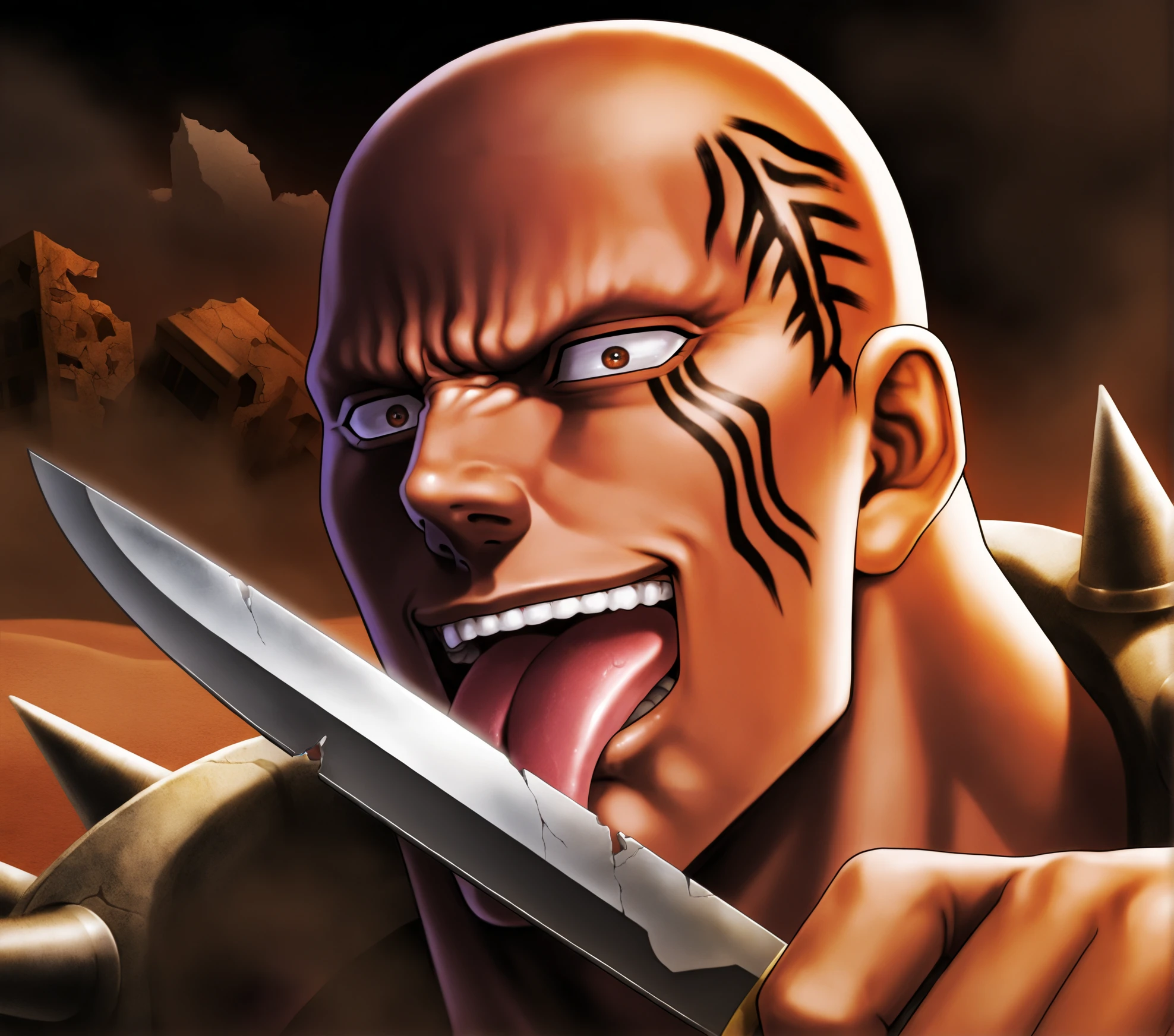 1boy,hokuto no ken,bald,mohawk,spiked shoulder armor,muscular,desert,night,broken buildings,intense eyes,brown eyes,dust,smile,licking knife,close-up,no eyebrows,facial_tattoo,angry,Constricted pupils,holding knife,amazing quality, very aesthetic, absurdres, masterpiece, newest