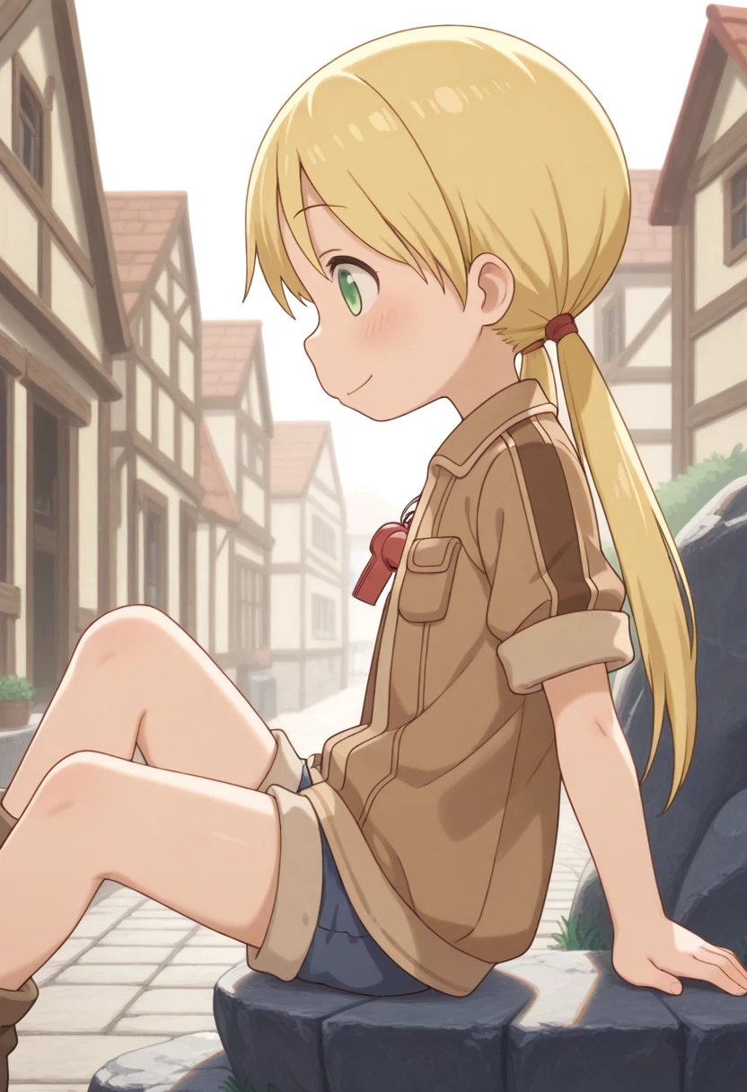 <lora:made-in-abyss-riko-IL-xl-v10:1>
1 girl, riko, twintails, green eyes, red whistle pendant, brown jacket, town, mossy stones, blush, happy face expression, relaxed pose, from side, sitting, shorts