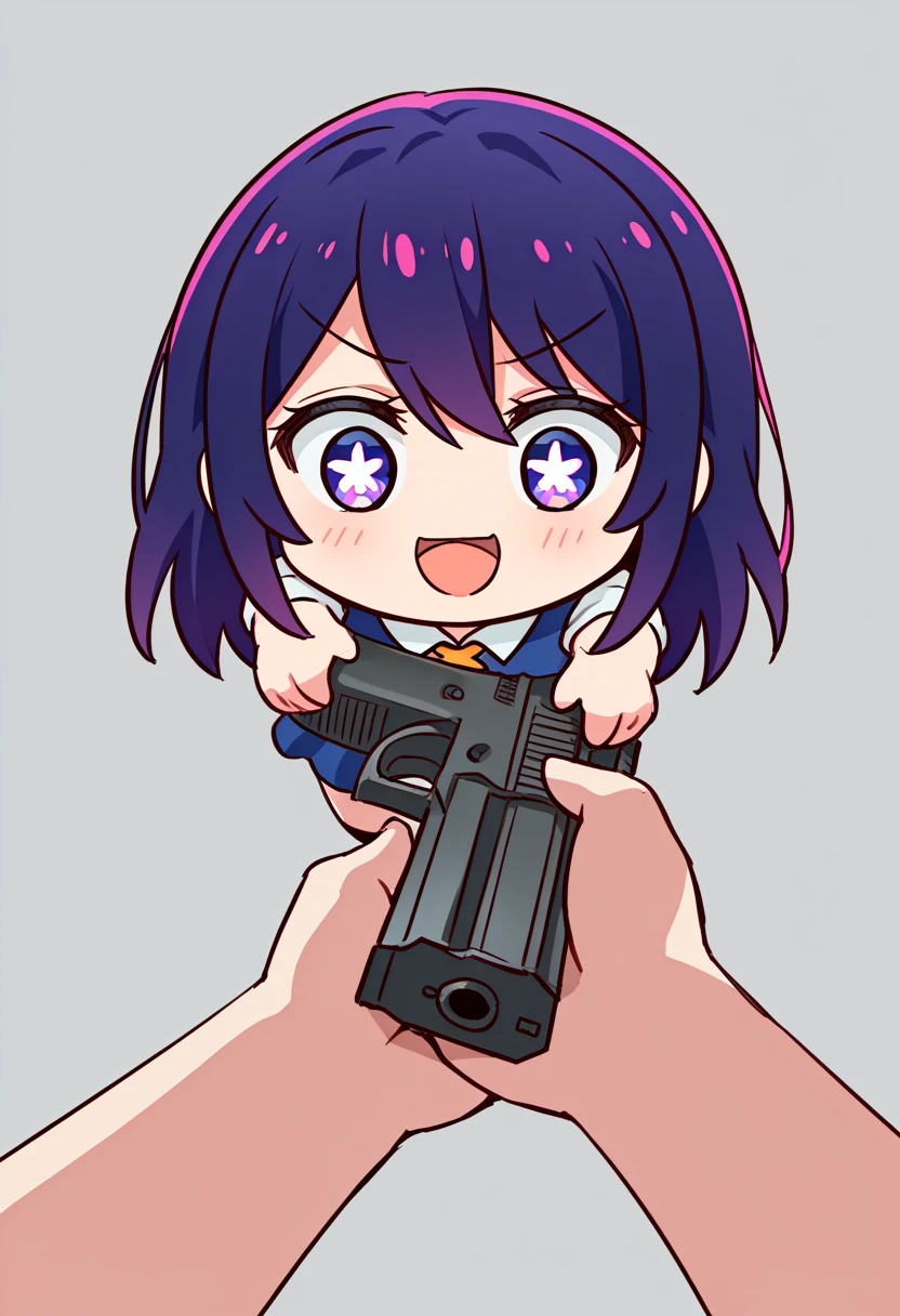 (masterpiece, high quality, amazing detail), go_do_a_crime_(meme), hoshino ai, smile, open mouth, :D, chibi, chibi only, handgun, pov, simple background, <lora:go_do_a_crime_meme-10:0.9>,