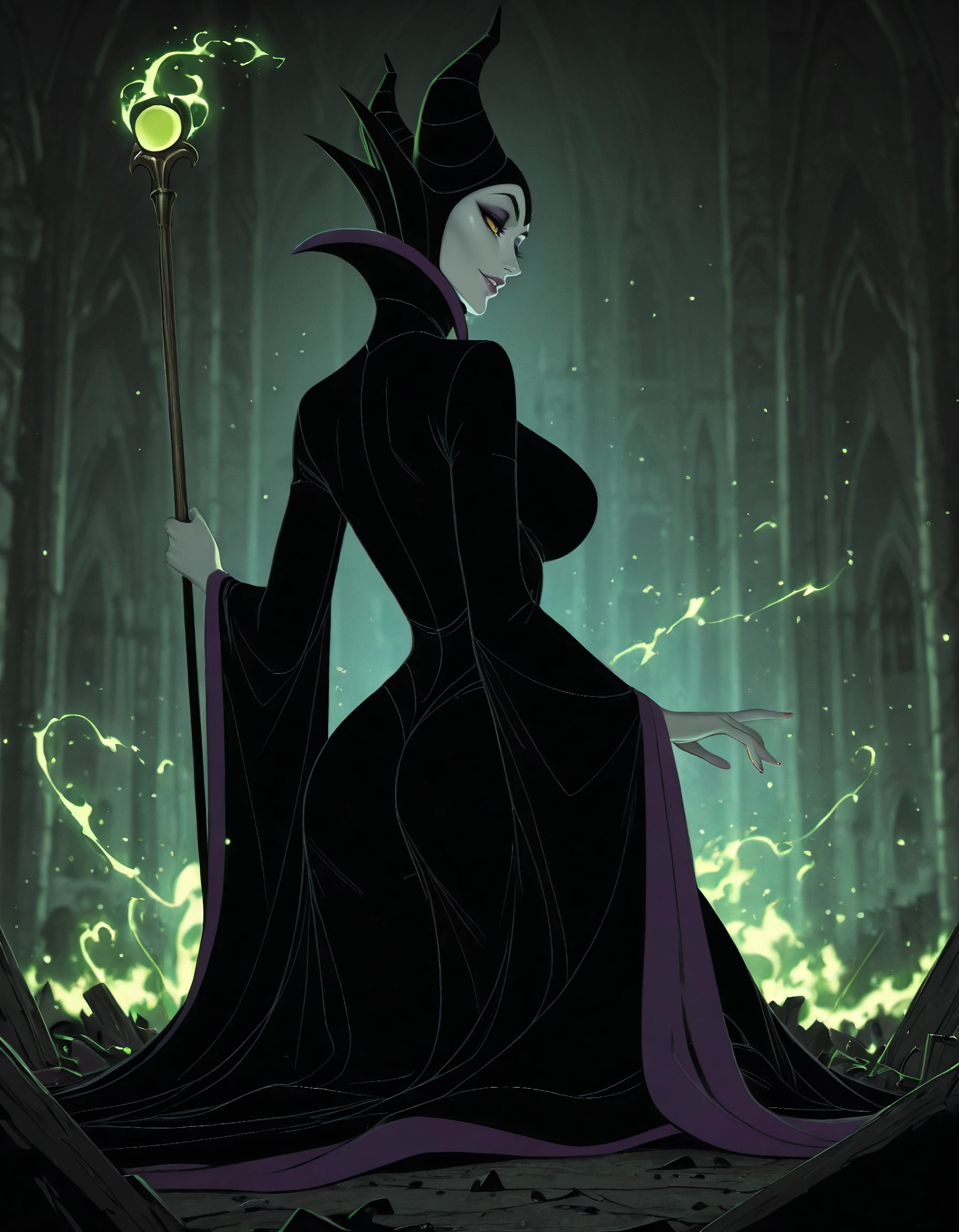 masterpiece, best quality, 1girl, solo, absurdres,
Maleficentdg,
colored skin, yellow sclera, black eyes, lips,
horned headwear, wide sleeves, high collar,
large breasts,
from behind, from below , Lying on the back, pretending to look at clouds,
half-closed eyes, smile, parted lips,
castle, interior,
crow on shoulder,
blurry background,
lips, eyelashes, eyeliner,
holding staff, battle, fighting stance,green magic, lips,
neon lights, glowing, dim_lighting,
blurry background,
destruction, fantasy,
embedding:SmoothQuality,