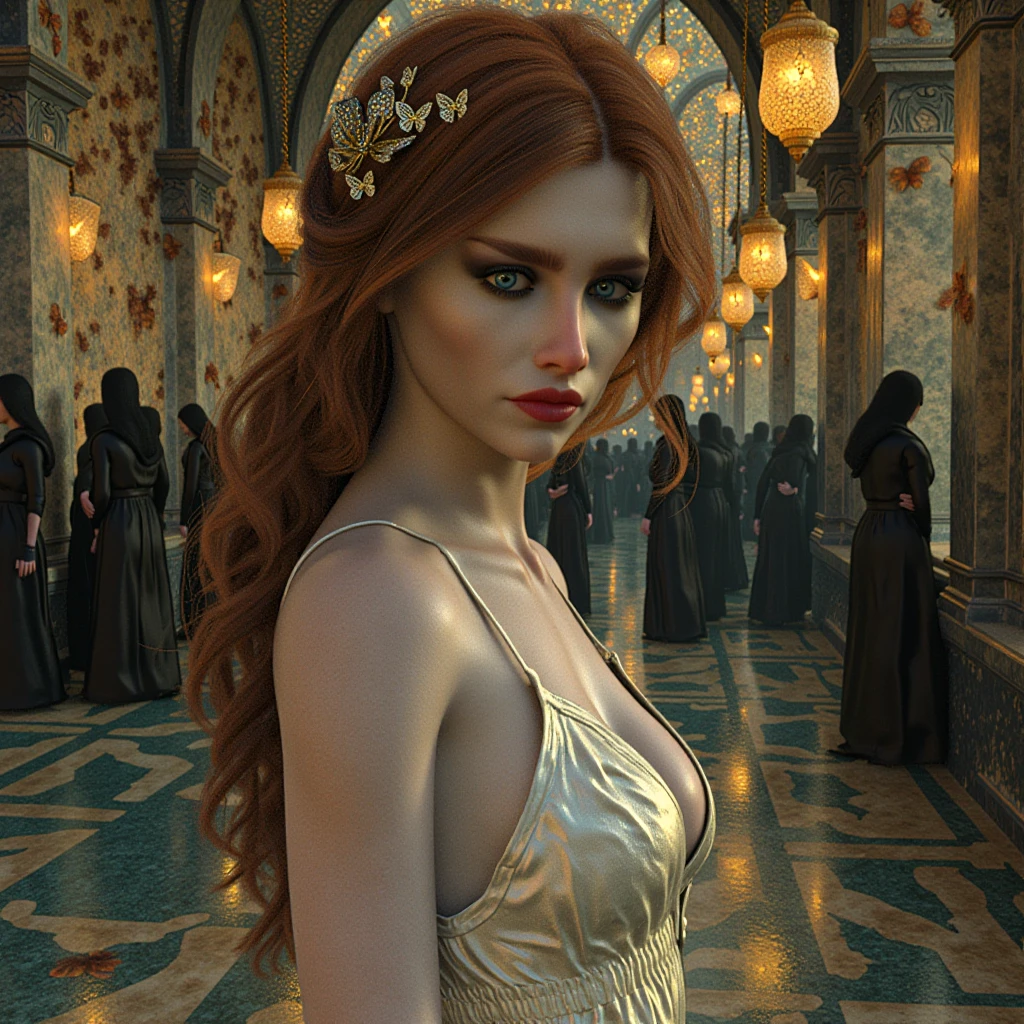 Best quality, Masterpiece, (Realistic: 1.2), 1 girl, Slim girl, Red hair, Brown eyes, Front, Detailed face, Beautiful eyes, Brown eyes, Big eyes, Small breasts, cleavage, Long dress