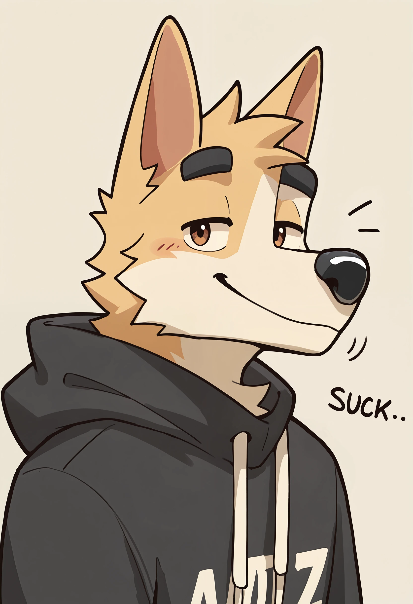 depth of field, detailed background, eye reflections, reflections, dutch angle, anthro, adult, furry, no humans, tail, sound effect, flirty expression, seductive glance, sound effect, motion lines, by gr3yyy, <lora:Greyyy_Artist_Style_Illustrious:1.0>, masterpiece, best quality, amazing quality, very aesthetic, absurdres, newest, 1boy, male focus, hood, animal ears, furry, solo, furry male, smile, upper body, hoodie, looking at viewer, grey background, dog ears, simple background, thick eyebrows, brown eyes, dog boy, hood down, black hoodie