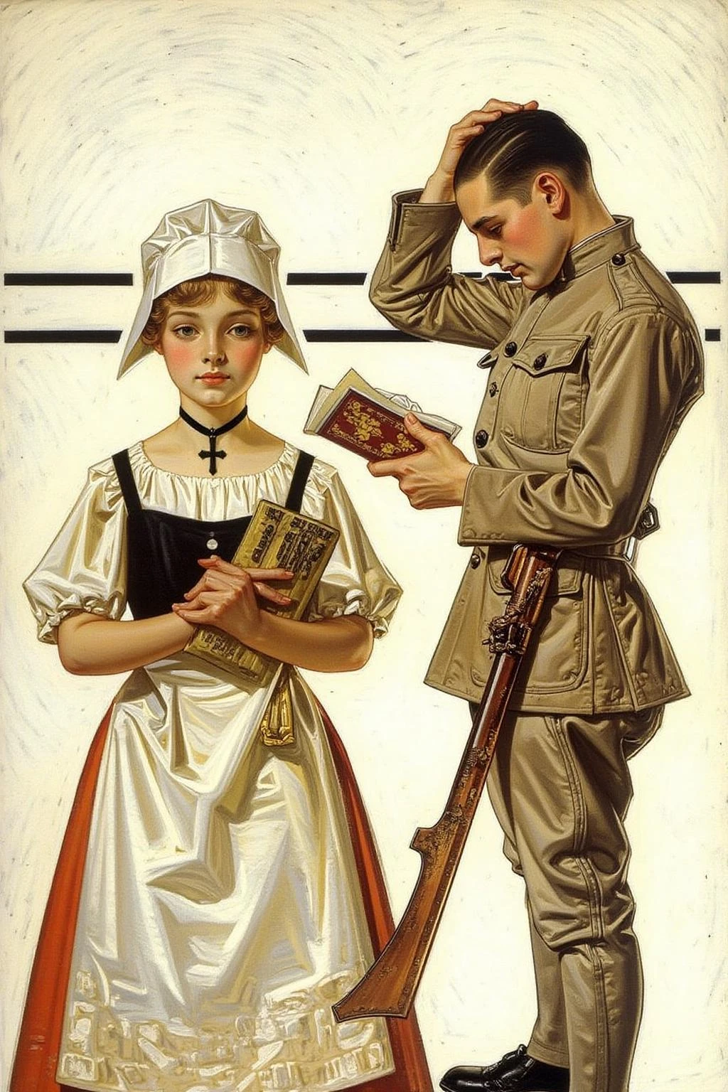 jcleyen1 painting.
It depicts a scene featuring a young woman and a young soldier in World War I-era military attire. The woman, standing on the left, is dressed as a traditional milk maid from the time period, characterized by a white cap, white dress with a black apron, and a black cross pendant necklace. The young soldier is seen in profile, scratching his head while reading a small booklet. <lora:jcleyen1_cap_d6a3e11:1.0><lora:824042849579387917:0>