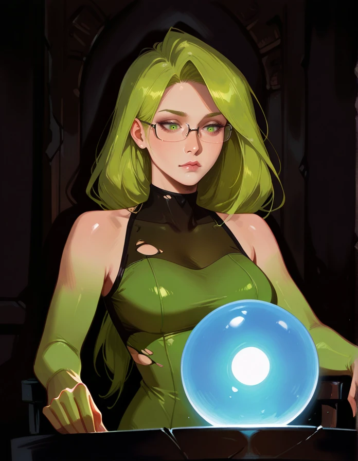 masterpiece, best quality, extremely detailed, realistic lighting, NSFW, dark theme,
1 girl, slim and fit, realistic eyes, adult female,
Pondering My Orb,
<lora:Pondering_My_Orb-000011:1>
<lora:Illustrious - Character - Awaria Zmora:1> zfzm, green skin, long hair, green hair, green eyes || glasses, semi-rimless eyewear, torn clothes, green bodysuit, sleeveless bodysuit, bare shoulders