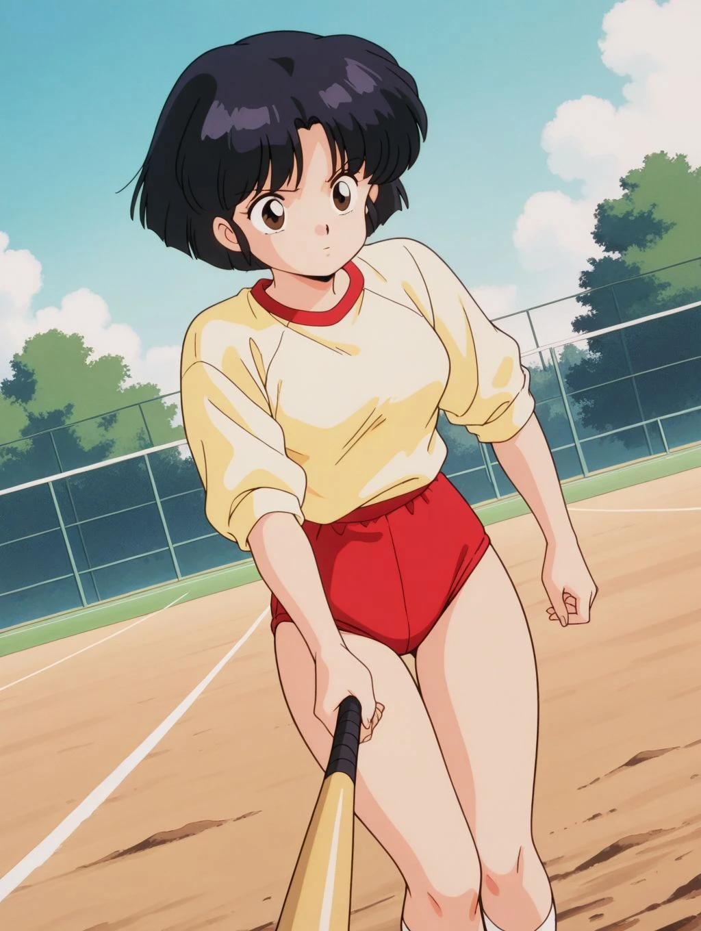 masterpiece, best quality, newest, absurdres, highres, detailed eyes, beautiful, detailed background, perfect eyes, anime coloring, masterpiece, best quality, newest, absurdres, highres, detailed eyes, beautiful, detailed background, perfect eyes, anime coloring, retro artstyle, 1990s \(style\), 1girl, solo, tendou akane, black hair, short hair, brown eyes, medium breasts, sportswear, gym uniform, yellow shirt, sleeves rolled up, red buruma, white socks, sneakers,  holding baseball bat, playing baseball, dutch angle, cowboy shot, (outdoors, school, sports field, dirt field), <lora:4k4n3_rnm-08:0.8>