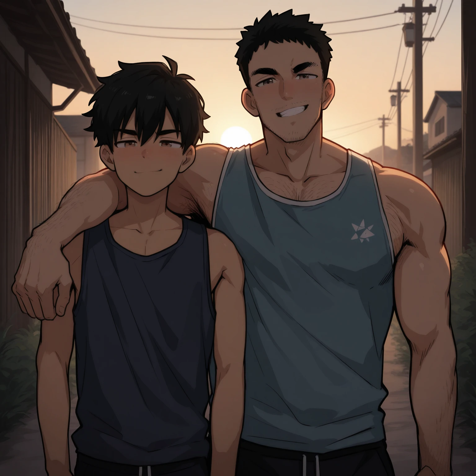 masterpiece, best quality, amazing quality, very aesthetic, absurdres, newest, (male:1.2), bara man, upper body, singlet, smirk, outdoors, volumetric lighting, sunny, height difference, arm around shoulder, 2boys, looking at viewer