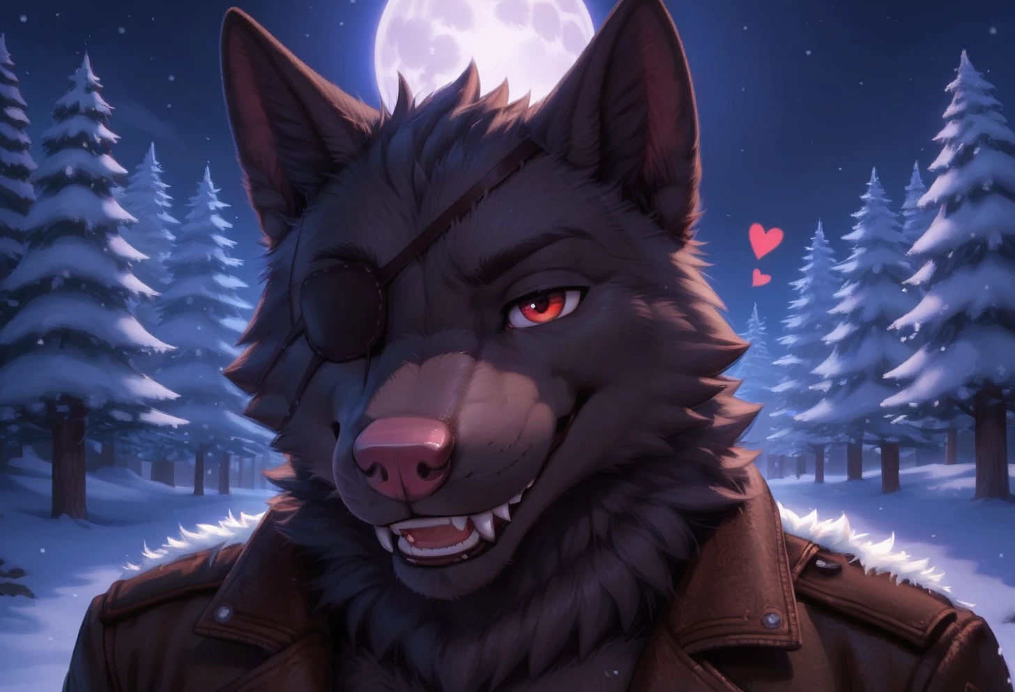 score_9, score_8_up, score_7_up, score_6_up, 1anthro, 1human, male, , furry, detailed fur, anthro, eyes, , perfect face, detailed eyes, perfect eyes, sexy, sexy boy, beautiful eyes, perfect cute face, petite body, face focus, low angle, close up, looking at viewer, face focus, outdoors, detailed lighting, detailed background,
smug expression, floating hearts, eye focus, smug, pleased, mischievous, smirk, seductive pose, outdoors, dark, night, night time, spooky, full moon, snow, snowy tundra, mountains, flirty, flirting with viewer, posing, seductive pose, posing for viewer, seductive, upper body, portrait, smiling,
detailed eyes, perfect eyes, beautiful eyes, , bedroom eyes, detailed eyes, perfect eyes, beautiful eyes, , detailed fur, tail, eyes, realistic fur, , solo, 1 boy, young, (((handsome, detailed face and eyes))), solo, anthro, male, muscular, well built, toned, bara, Alon, wolf, black body, black fur, anthro, red eyes, furry male, eye patch, wearing black trench coat, brown leather belt, pink nose, pink pads, wolf tail, eye patch over right eye, black claws, jacket closed, right eye covered, <lora:Alon_E_Wolf_-_Shelter_VN:0.4>
interspecies, tail, uncensored,
<lora:princess_xl_v1:1> <lora:Expressive_H:0.65> <lora:g0th1cPXL:0.45> <lora:incase-ilff-v3-4:0.3>, canine mouth, sharp teeth, detailed teeth, detailed canine teeth,
<lora:CleanDetailed_Eyes:0.25> <lora:Better_caninefeline_mouth:0.3>