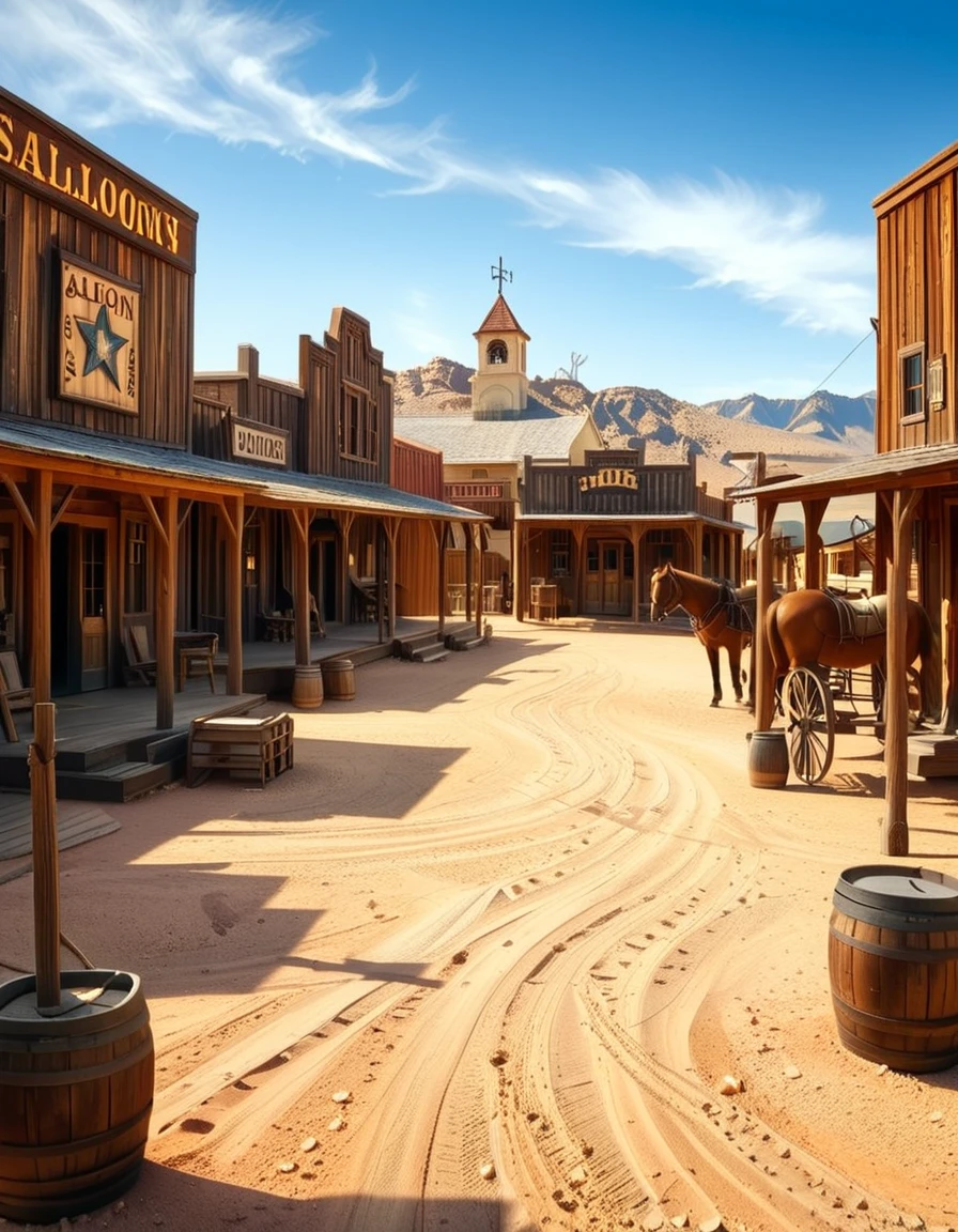 A classic Wild West town in the late 1800s, surrounded by arid desert and towering rock formations. The dusty main street is lined with wooden buildings, including a saloon with swinging doors, a sheriffâs office with a star emblem, a general store with a wooden sign, and a blacksmithâs shop with tools hanging outside. Old-fashioned wooden wagons are parked along the street, and a few horses are tied to hitching posts. The atmosphere is lively, with cowboys wearing wide-brimmed hats, boots, and leather dusters walking around, some talking near the saloon while others ride horses. The sky is bright blue with a few wispy clouds, and the sunlight casts long shadows on the ground. In the background, a water tower stands tall, and a windmill slowly turns in the breeze. The scene is full of rustic details, evoking the adventurous spirit of the American frontier.<lora:SDXLFaeTastic2400:0.4> <lora:extremely_detailed:0.4> extremely detailed, <lora:Western_v1ll4g3:1>,Western v1ll4g3, Masterpiece,best quality,hi res,8k,hi res,8k,award winning,(sharp focus, intricate, highly detailed),