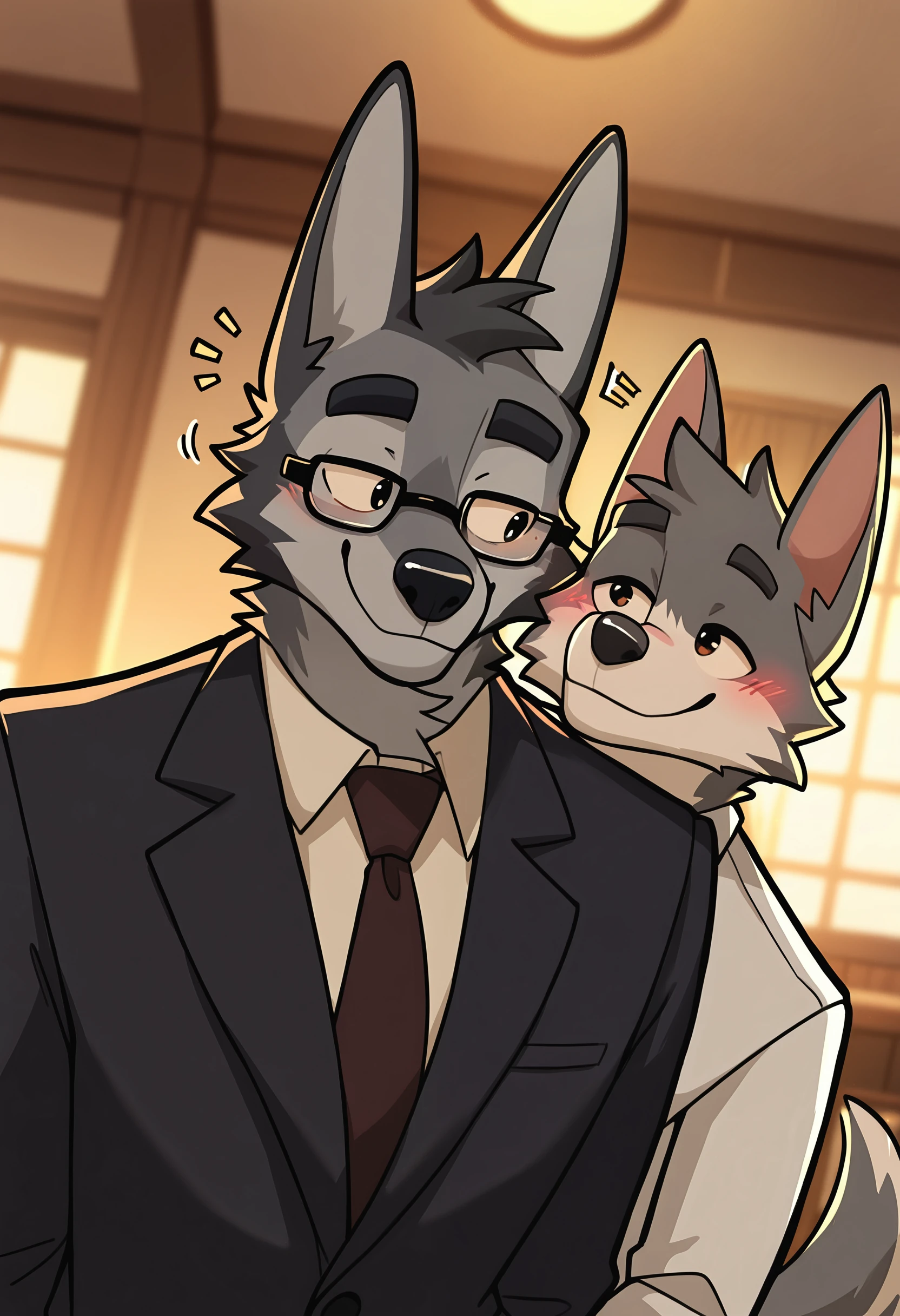 depth of field, detailed background, eye reflections, reflections, dutch angle, anthro, adult, furry, no humans, tail, sound effect, flirty expression, seductive glance, sound effect, motion lines, by gr3yyy, <lora:Greyyy_Artist_Style_Illustrious:1.0>, masterpiece, best quality, amazing quality, very aesthetic, absurdres, newest, 2boys, multiple boys, furry male, male focus, furry, yaoi, animal ears, formal, suit, blush, dog boy, necktie, smile, upper body, looking at another, furry with furry, eye contact, wolf ears, short hair, thick eyebrows, dog ears, glasses, shirt, collared shirt, grey fur