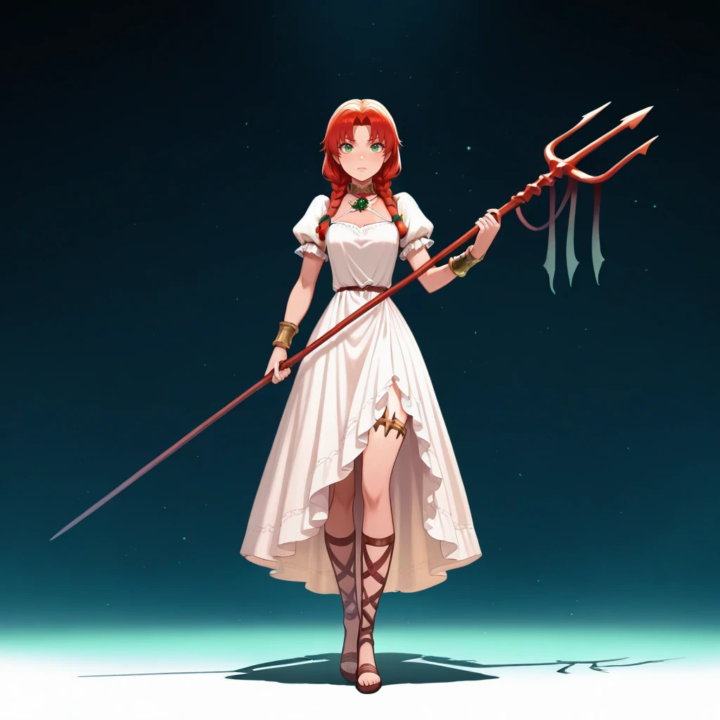 masterpiece, best quality, HoldingTrident, holding trident, 1girl, solo, red hair, twin braids, green eyes, white dress, full body, <lora:HoldingTrident_illustrious_Leaf1:1>,