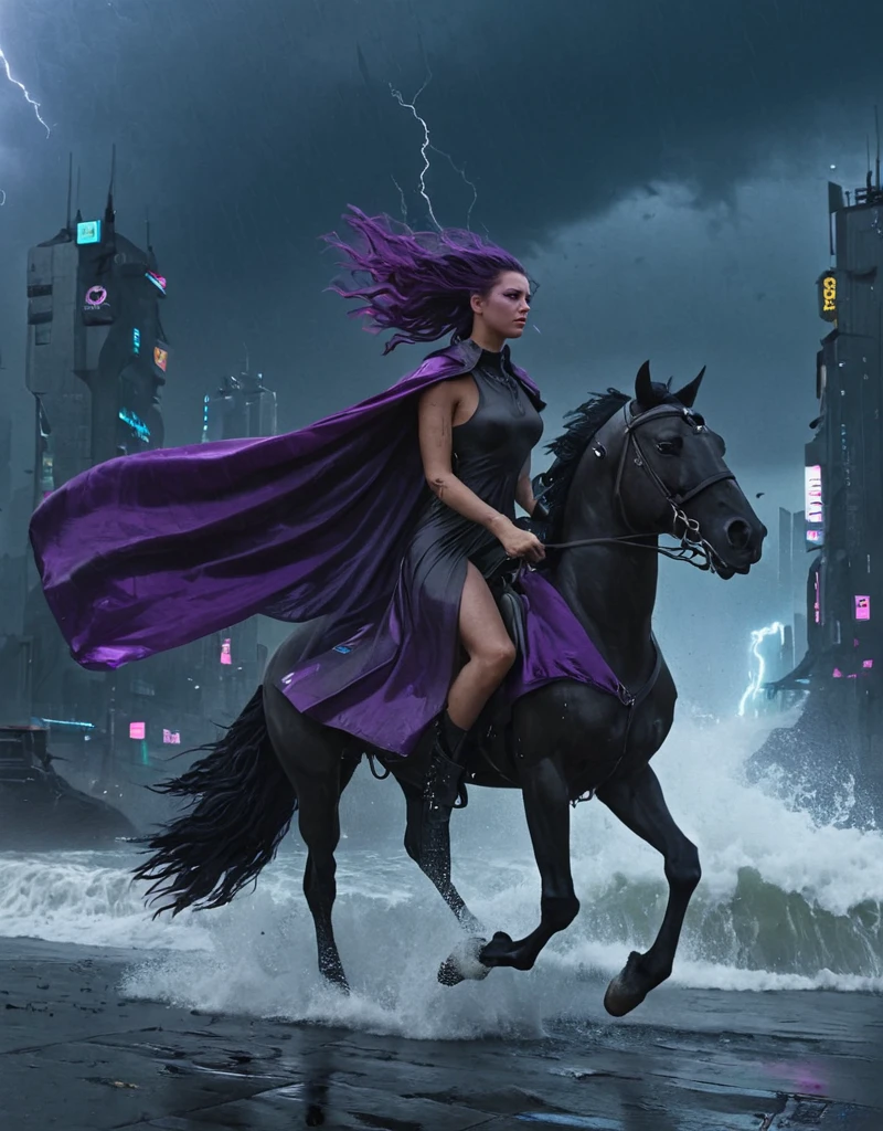 <lora:Space_Worlds_01__Poetic_xl:1.0> sw01p_xl, beautiful 25yo woman with dress and violet cape and hair in the wind on a cyberpunk black horse, waves, cyberpunk city, storm,