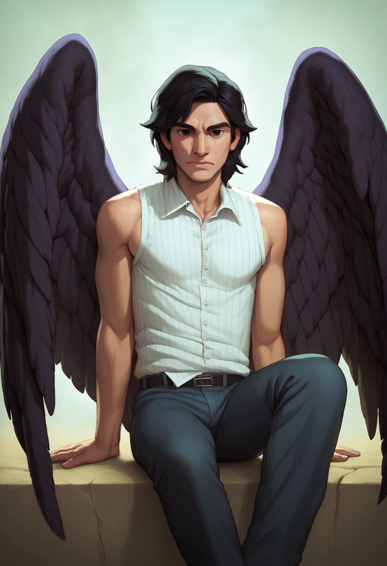 score_9, score_8_up, score_7_up, score_6_up, score_5_up, score_4_up, rating_safe, realistic, BREAK
1boy, male focus, wings, solo, black hair, feathered wings, sleeveless, looking at viewer, pants, closed mouth, feathers, shirt, sleeveless shirt, sitting, black eyes, medium hair
<lora:RizDraws_v2:1>