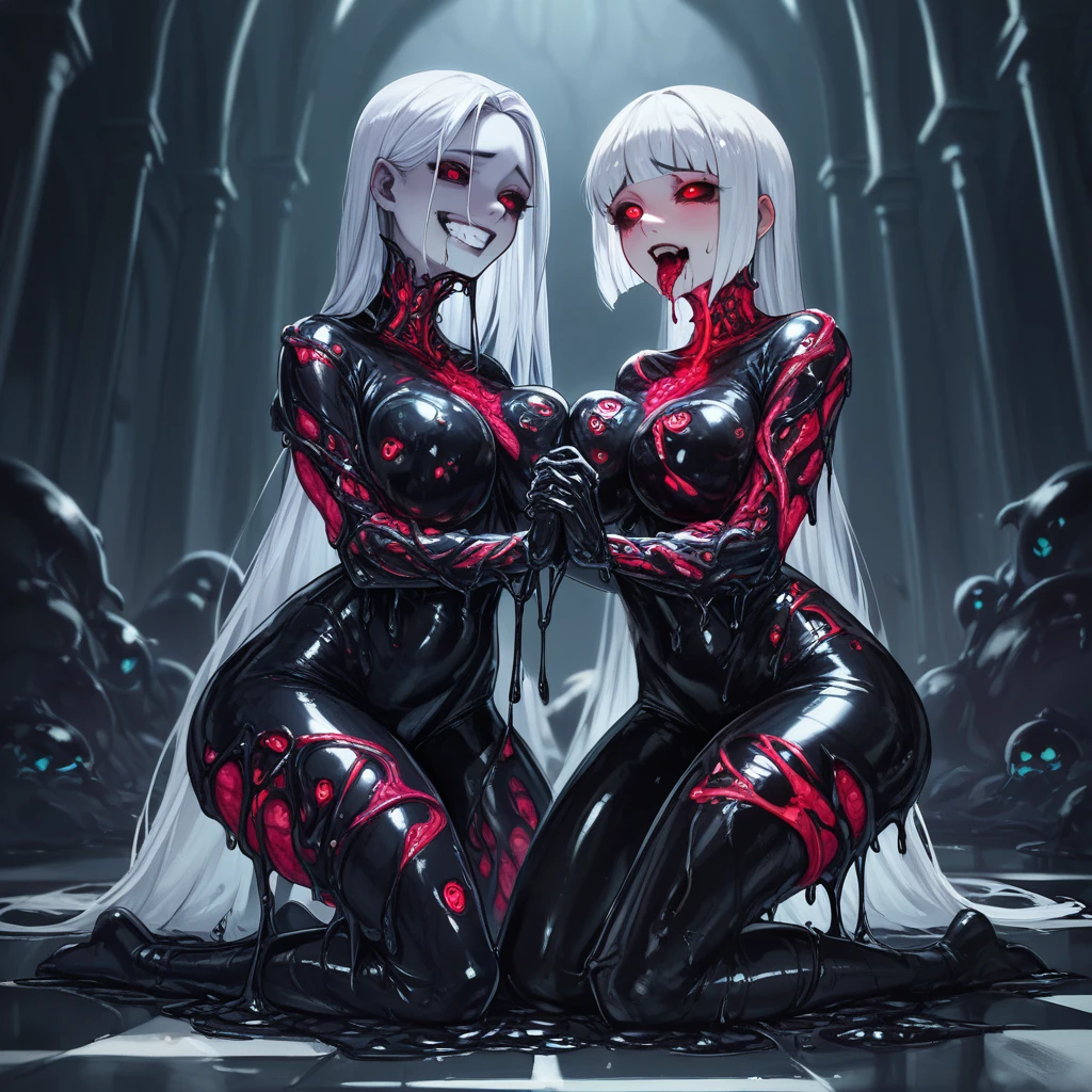 demon queen, succub, demoness, red hairs, masterpiece, Best quality, 8 k, digital painting, 1 girl, One, get up, youth, White hair, Длинные White hair, hair accessories, Red eyes, round pupils, impassive facial expression, blood stains, Mechanical parts, electrical wire, cable, The effect of failure, terrifying, Science fiction, futuristic, Dark inside background, neon lights, Cyberpunk characters, surreal, strange, alarming, Chilling, terrifying, overalls,Red eyes,Poison Obsession((raised sexy)),overalls,Red eyes,Poison Obsession,Blood-Red eyes,Best quality, A high resolution, Super detailed, Bright textures, a mask, tight latex bodysuit, bang,purple hair, Blue eyes