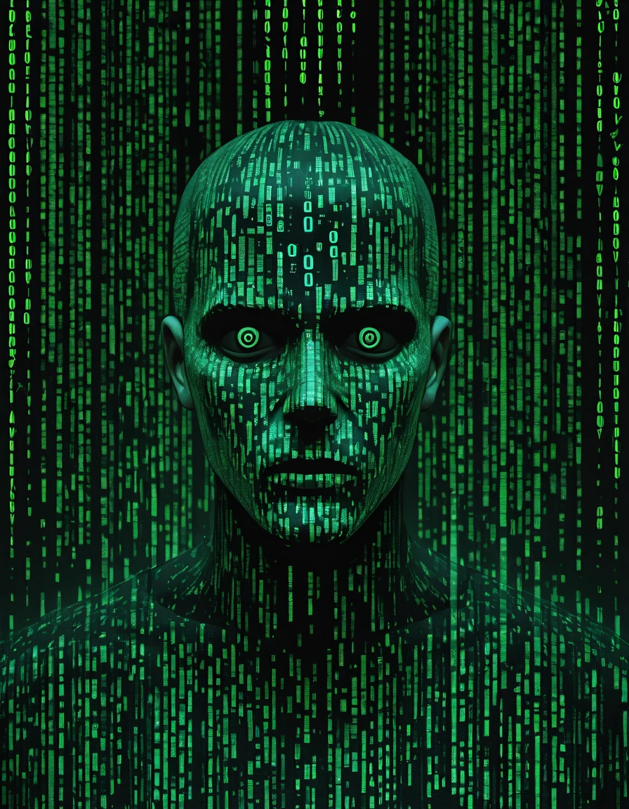 detailed, mmatrix-style, silhouette, code, text focus, glitch, digital dissolve, 1boy