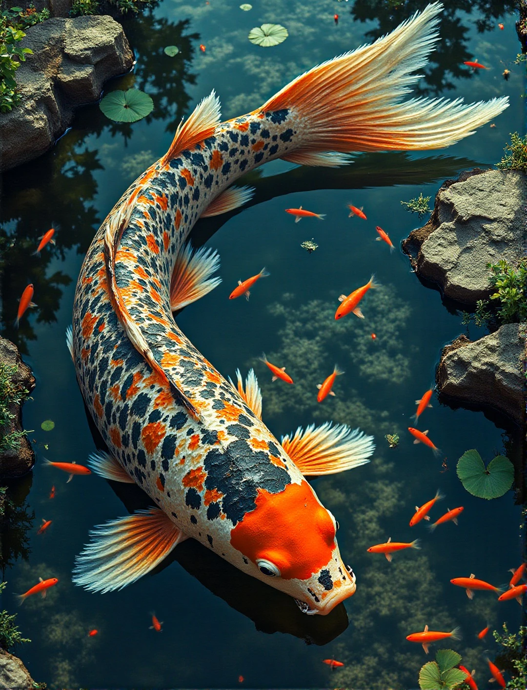 high definition double exposure top angle shot koi fish in pond , by Hieronymus Bosch , Michelangelo, Josephina Wall, countryside panorama placed on koi fish back, tiny people going on one single giant koi fish , tiny houses, swirling road, cars, trees, placed on koi fih back, professional postcard, insanely detailed photography painting luminism , lights and shadows intricated play dynamic movement Rockwell, expressive brushstrokes mixed with wash masterpiece , transparence intricated lighting, dynamic lights and shadow play high deepness cinematic hyperrealistic texture vintage airy
solo, masterpiece, intricate details, thin sharp black metal swirls, exquisite delicate openwork black metal body structure, intricate detailed thin filigree delicate inner structure, disconnected limbs, disconnected parts, see through body, openwork,
fractal style, YhnrFractalXL, organic, metallic, strings, plates, strips, floating, sharp, smooth, spikes, fluid, straight, rough, curved, open,
slvt, fflix_shards
<lora:Fantastic_Pic-v1.05:0.8>, real,(realistic),photo realistic, photography,highly detailed,(masterpiece),(high quality),best quality,super detailed,full detail,4k,8k,realistic lighting, norender, no anime