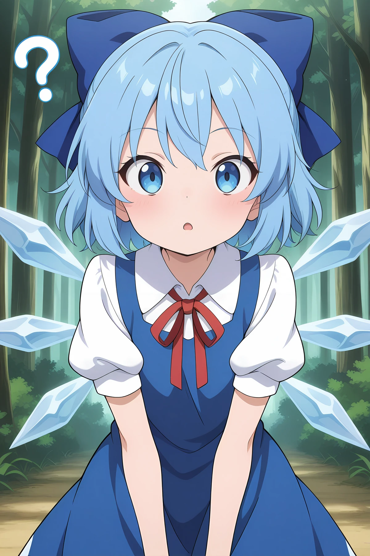 absurdres, highres, masterpiece, best quality, amazing quality, official anime artwork, screencap, anime screencap, outdoors, forest, looking at viewer, questioning, open mouth, ?,
<lora:Cirno_Illustrious:1> cirno, 1girl, solo, blue eyes, blue hair, short hair, ice wings, ice,, bow, hair bow, dress, blue dress, short sleeves, blue bow, puffy sleeves, red ribbon,