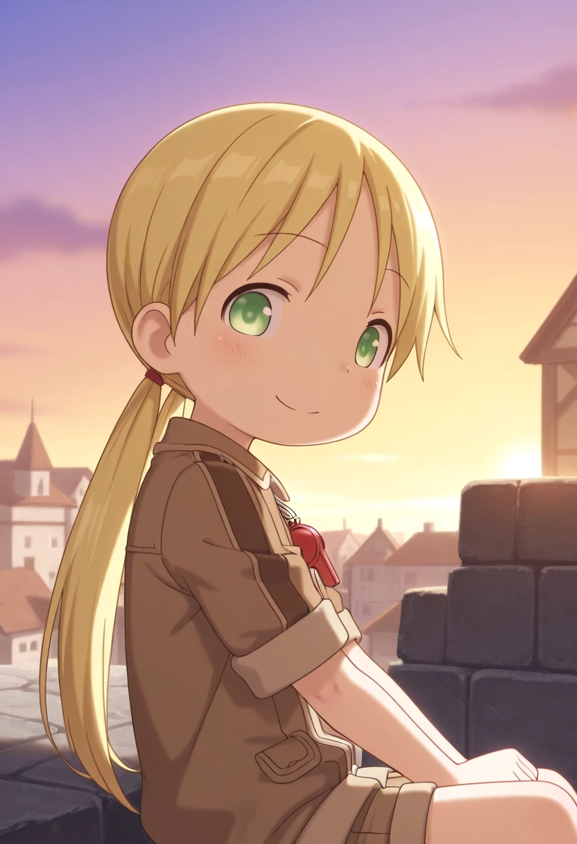 1 girl, riko, twintails, green eyes, red whistle pendant, brown jacket, town, mossy stones, blush, happy face expression, relaxed pose, from side, sitting, shorts,
looking at viewer, <lora:tbr/made-in-abyss-riko-IL-xl-v10:1.0>