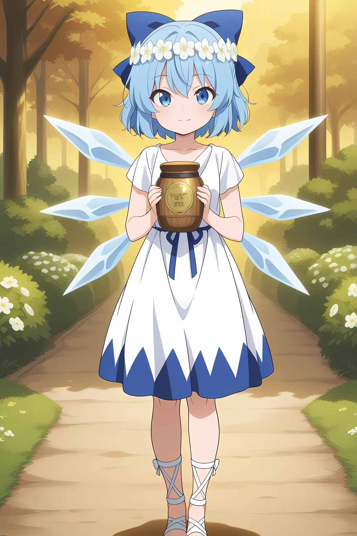 absurdres, highres, masterpiece, best quality, amazing quality, official anime artwork, screencap, anime screencap, outdoors, looking at viewer, light smile,
<lora:Cirno_Illustrious:1> cirno, 1girl, solo, blue eyes, blue hair, short hair, ice wings, ice,, cirno \(white ice fairy of absolute zero\), alternate costume, blue bow, flower wreath, gladiator sandals, hair bow, holding ancient jar, ancient greek clothes, white cloth, himation, peplos, white flower, white footwear, gold trims,