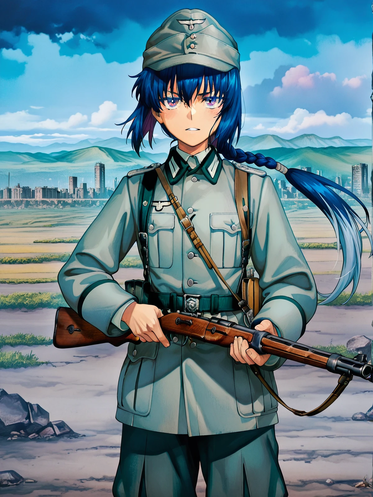 masterpiece, best quality, absurdres, detailed skin, detailed face, detailed eyes, anime colored, anime screencap, anime colored,
<lora:Yamato_Takeru:0.8>, yamato takeru, 1 boy, looking at viewer, solo,
<lora:wehrmacht_uniform-000008:0.8>, ((wehrmacht uniform)), cowboy shot, pants, gray uniform, field cap, holding weapon, mosin-nagant,
outdoors, ruined city,