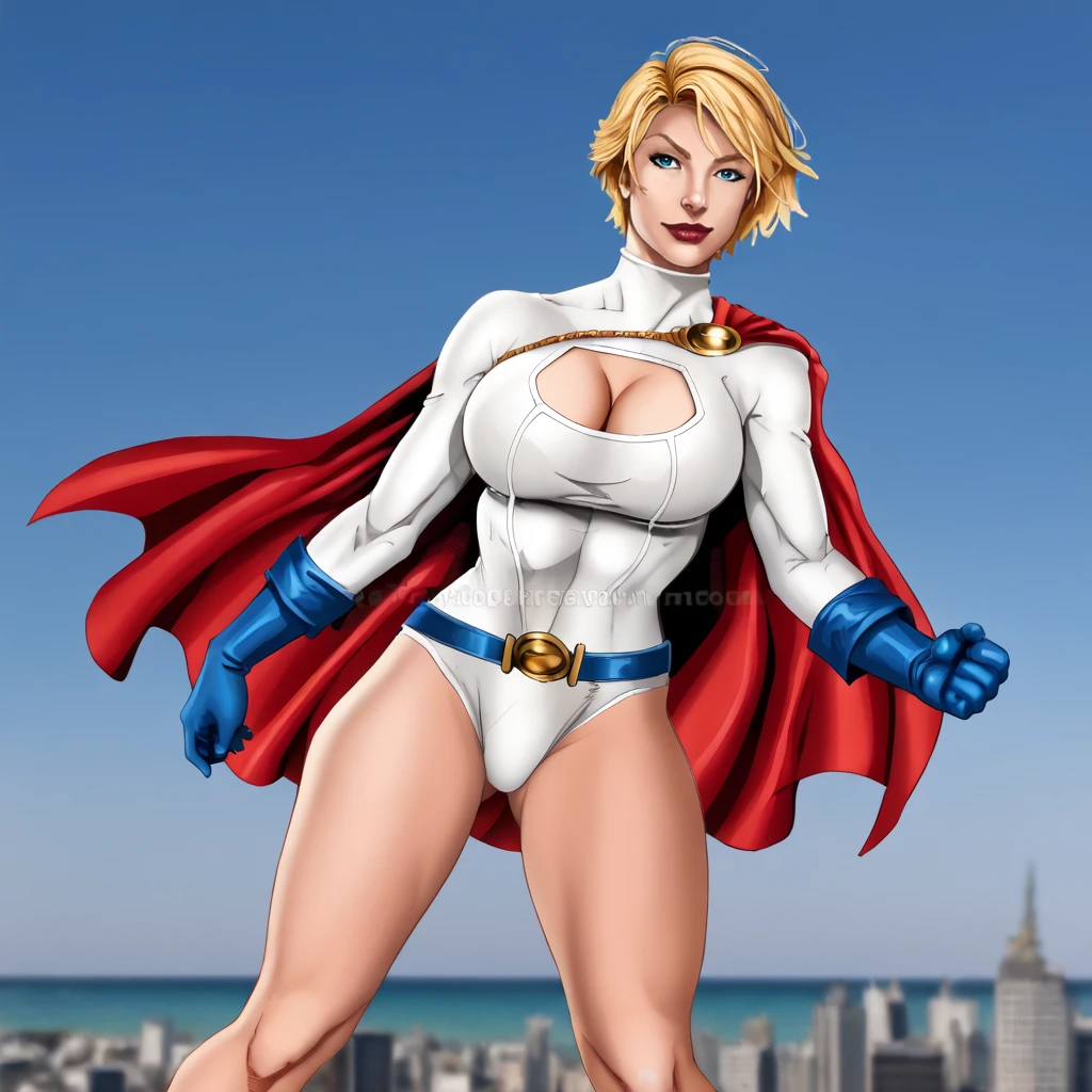 <lora:DanieleTorres_pony_v1:1> score_9, danieletorres_style, danieletorres, source_artwork <lora:powergirl_pony_v1:0.8> powergirl, 1girl, large breasts, blonde hair, cleavage cutout, red cape, blue gloves, clothing cutout, blue eyes, leotard, superhero, belt, short hair, turtleneck