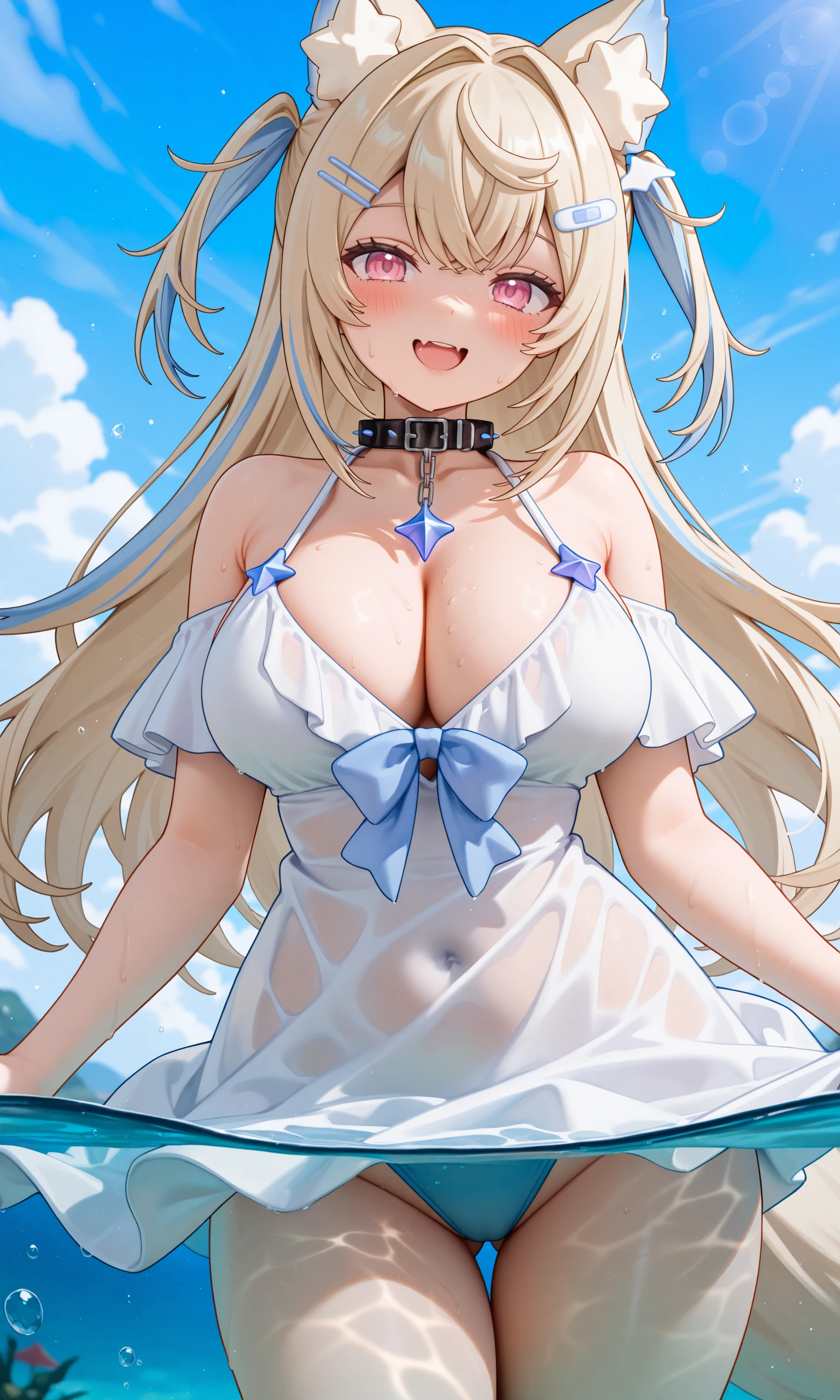 1girl,solo,fuwawa abyssgard,
hair intakes,multicolored hair,hairclip,blonde hair,streaked hair,tail,pink eyes,blue hair,long hair,dog ears,skin fang,animal ears,twintails,large breasts,beach,cleavage,sweat,round teeth,smile,dog girl,hair ornament,dog tail,animal ear fluff,looking at viewer,smile,open mouth,dress,white dress,bandaid hair ornament,white background,alternate costume,blush,fang,double-parted bangs,half body,wet hair,(partially underwater shot:1.3),(partially submerged),two side up,bubbles,(floatation),
lower body,narrow hips,, ,masterpiece, best quality, absurdres, newest, very aesthetic, amazing quality,highres,sensitive, highres, ultra detailed, best anatomy, HDR, 8K, high detail RAW color art, high contrast, large pupil,