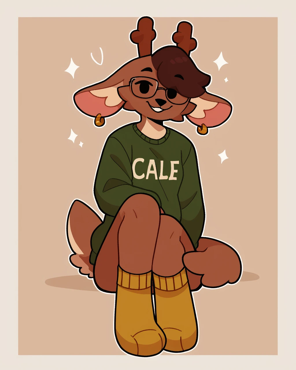 score_9_up, score_8_up, score_7_up, score_6_up, small breasts, furry, female, furry female, brown hair, dot eyes, jackalope, antlers, green topwear, green sweater, short hair, female, tail, glasses, spats, looking at viewer, solo, earring, happy, smile, socks, three-quarter view, head tilt, simple background, white outline, <lora:Leah_Pines(AIM)_XL_v1:0.15> <lora:PDXL_artist_tags_v2_big:0.5> <lora:The-Minuscule-Task_PDXL_v1.0:0.6> <lora:Bun_bunhearts:0.6>