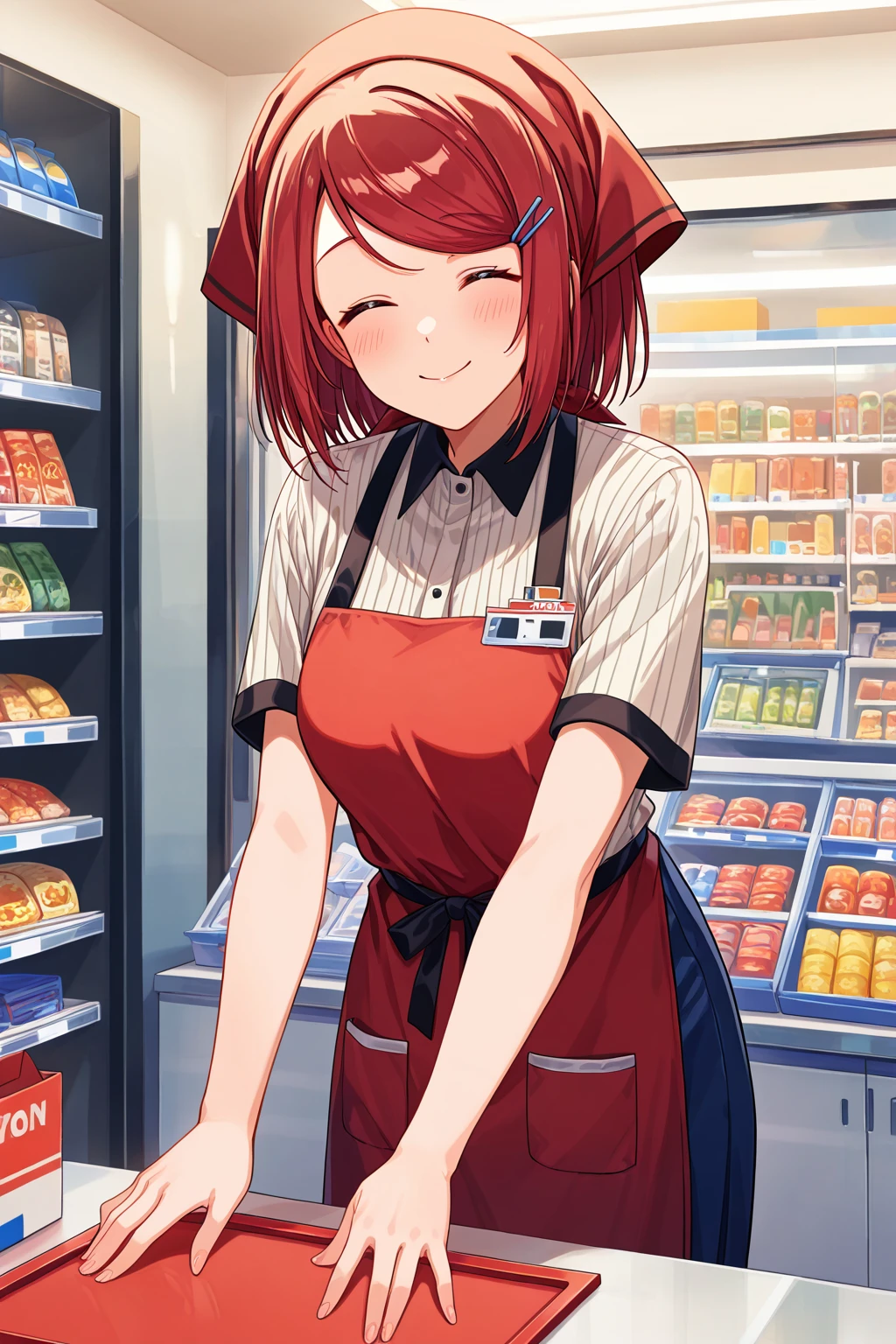 masterpiece, best quality, absurdres, safe
1girl yamada swept bangs short hair hairclip red hair
closed eyes, smile
red apron, head scarf
convenience store
<lora:smoking_manga_il_2:1>